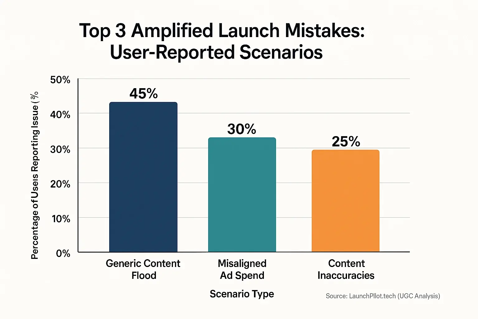 Bar chart: Top user-reported UGC launch mistake: Generic Flood (60%), then Misaligned Ad (25%), Voice Dilution (15%).