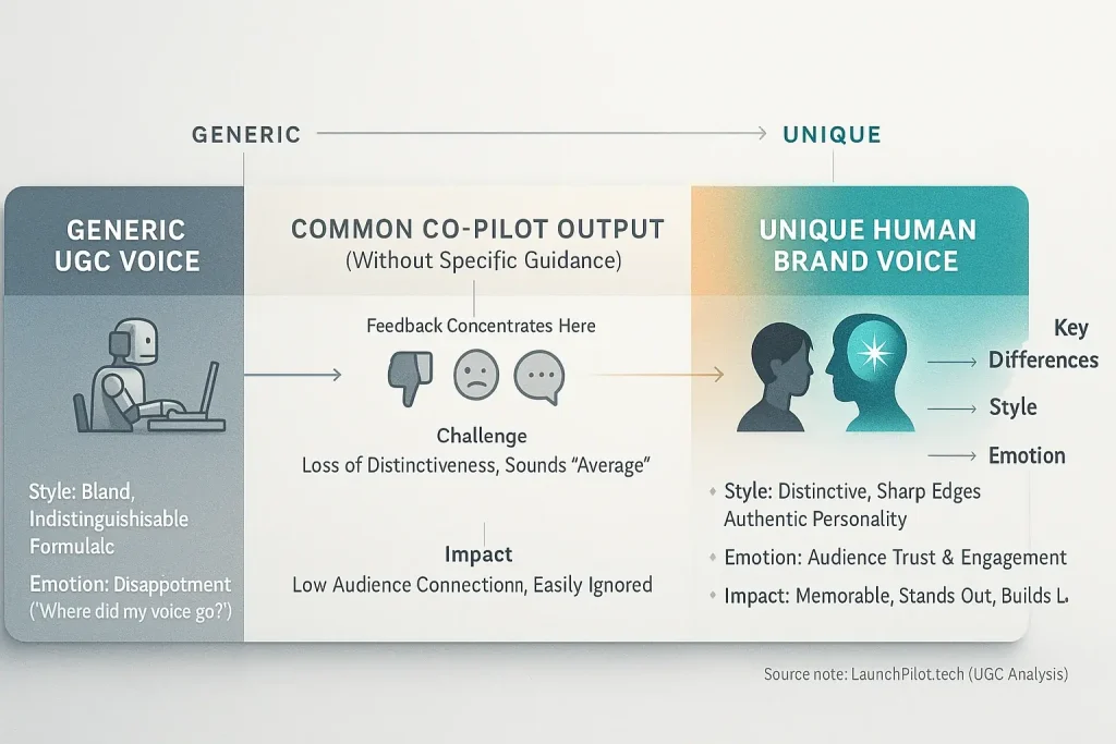 Spectrum: generic to unique voice, showing style/emotion/impact. Community team's mid-position explains bland, generic