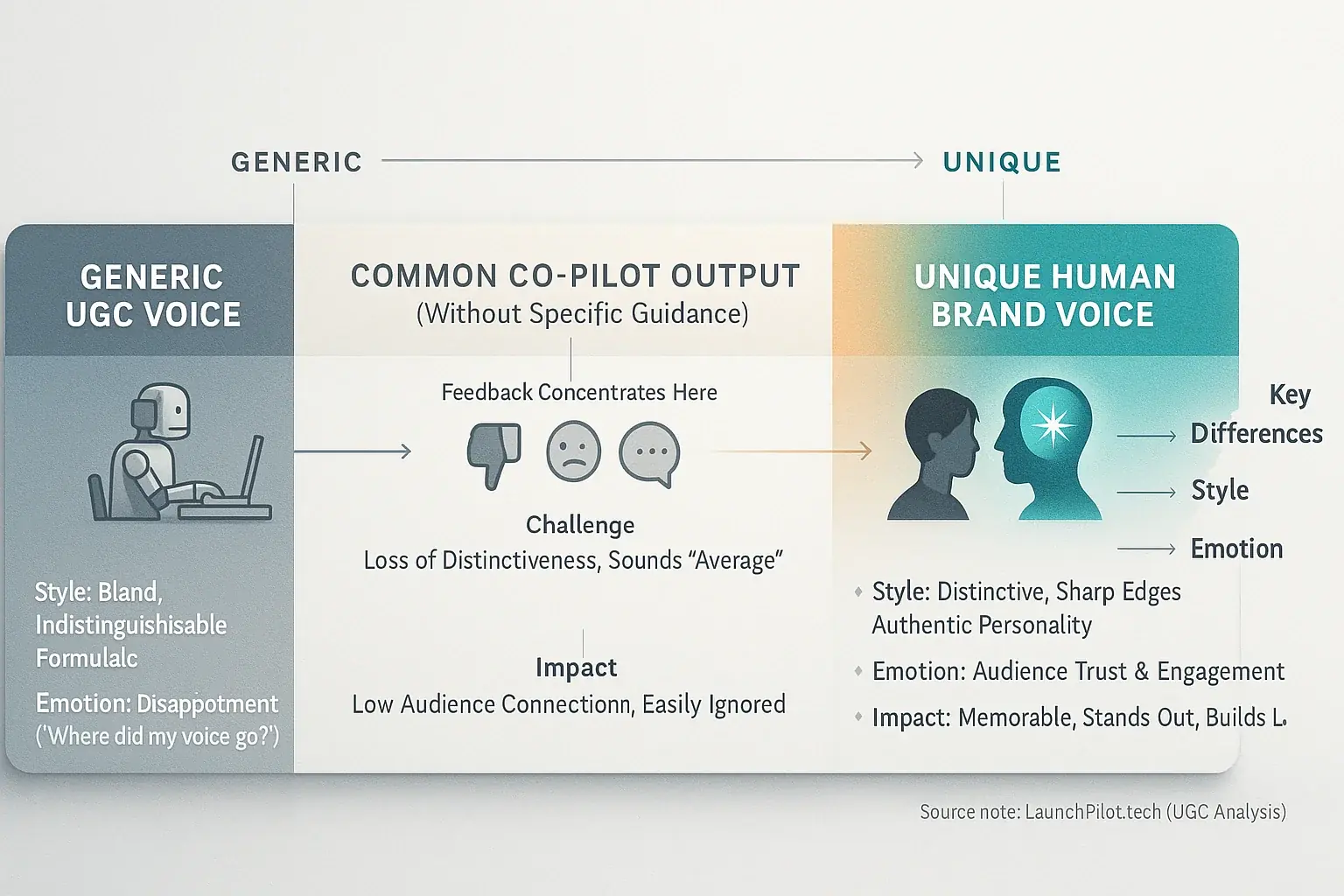 Spectrum: generic to unique voice, showing style/emotion/impact. Community team's mid-position explains bland, generic