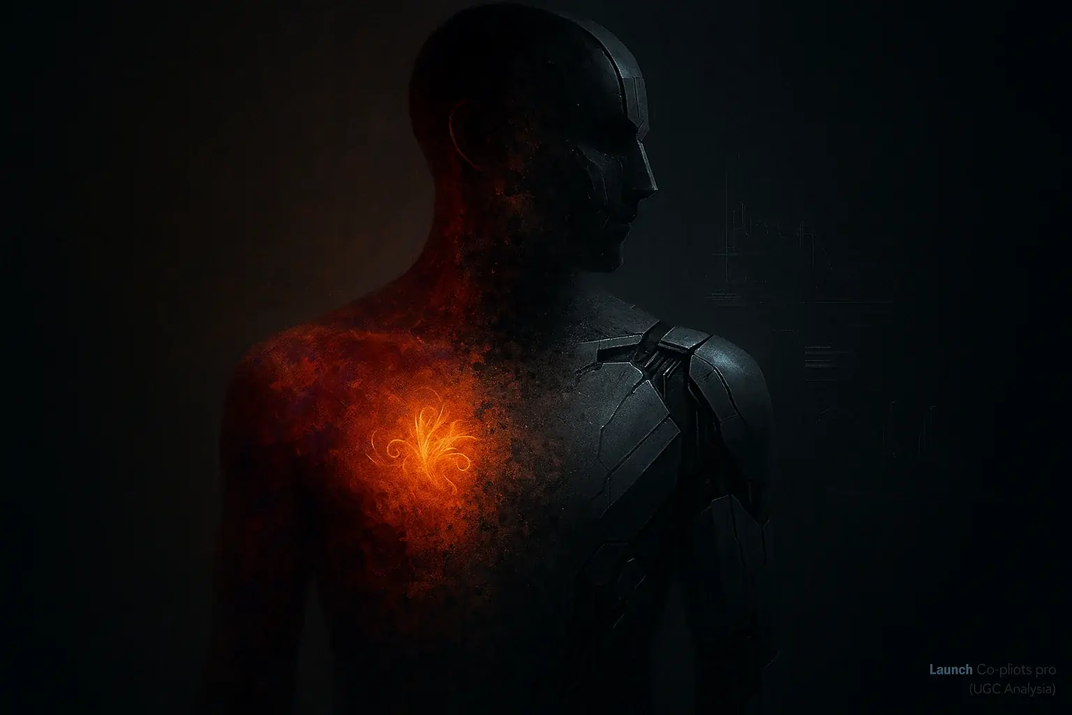 Vibrant human silhouette fades to grey robotic form amid digital interface, diluting brand & connection.
