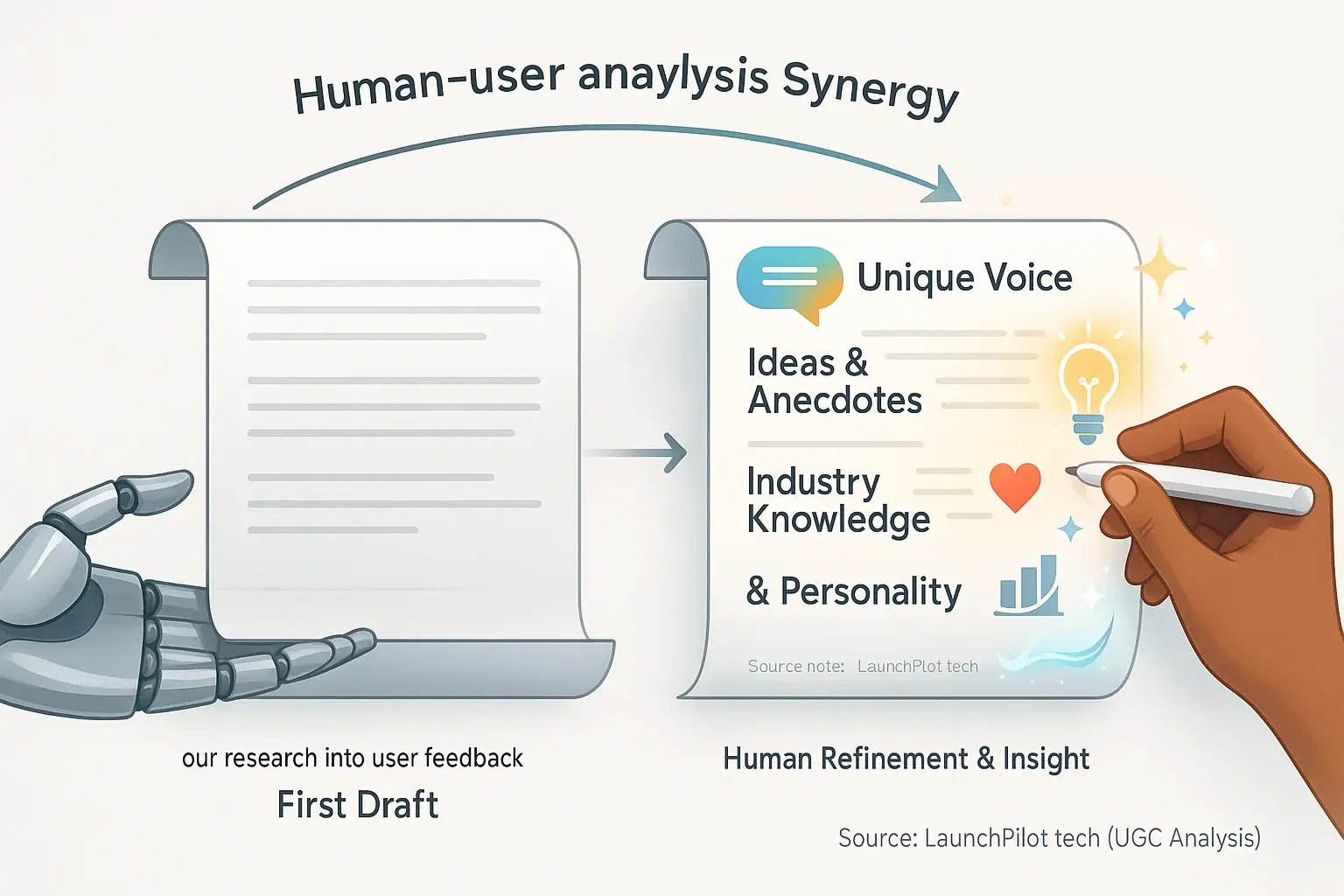 Collaborative UGC workflow: user discussions drafts, human hand adds unique, humanizing personality.