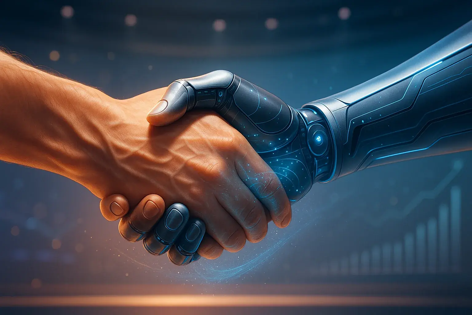 Human hand and robotic hand shaking, balancing human authenticity with user experiences efficiency for a successful launch