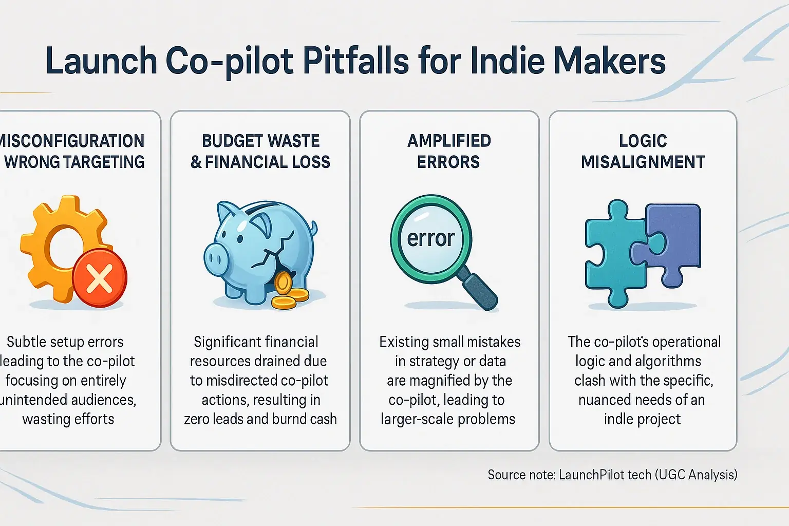 Infographic: Launch Co-pilot risk categories for indies, like community feedback misinterpretation & data bias, visualized