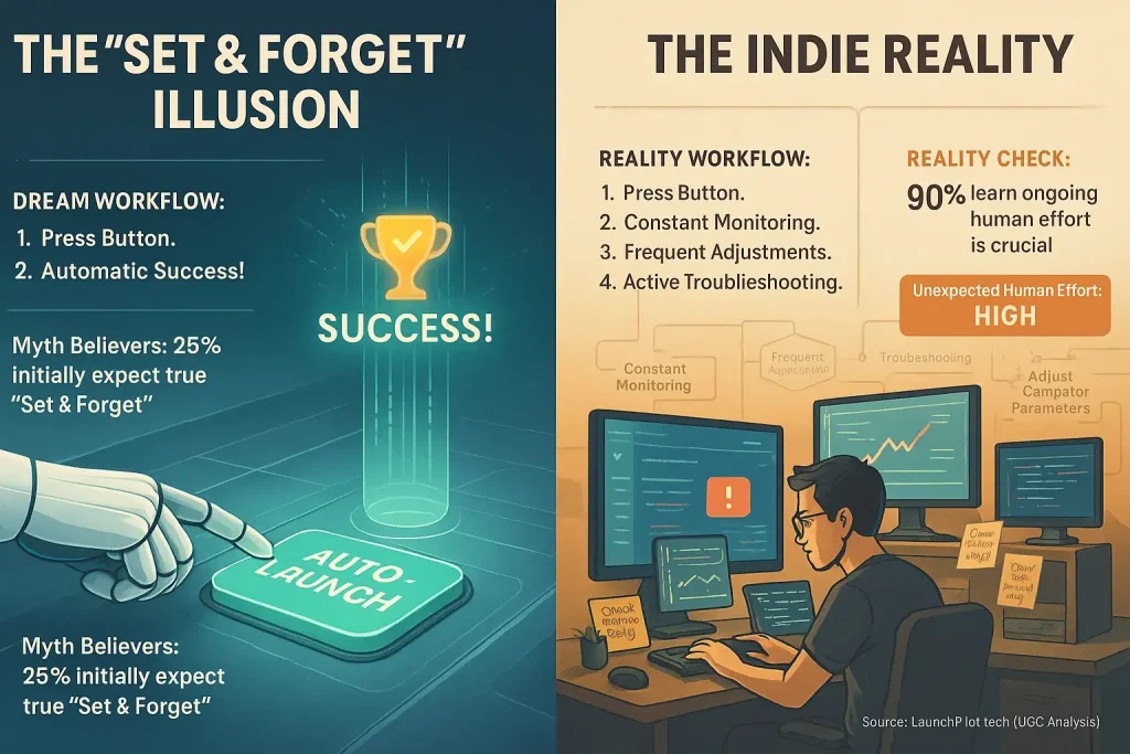 Infographic: 'Set & forget' myth (easy launch) vs. indie reality (constant work). Data: few believed myth, most learned