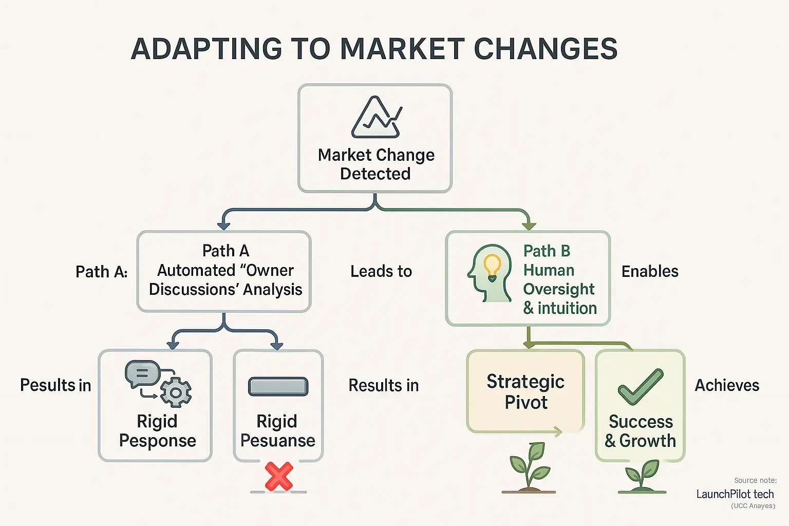 Decision tree on market change: Human oversight enables strategic pivot for success; rigid consensus risks failure.