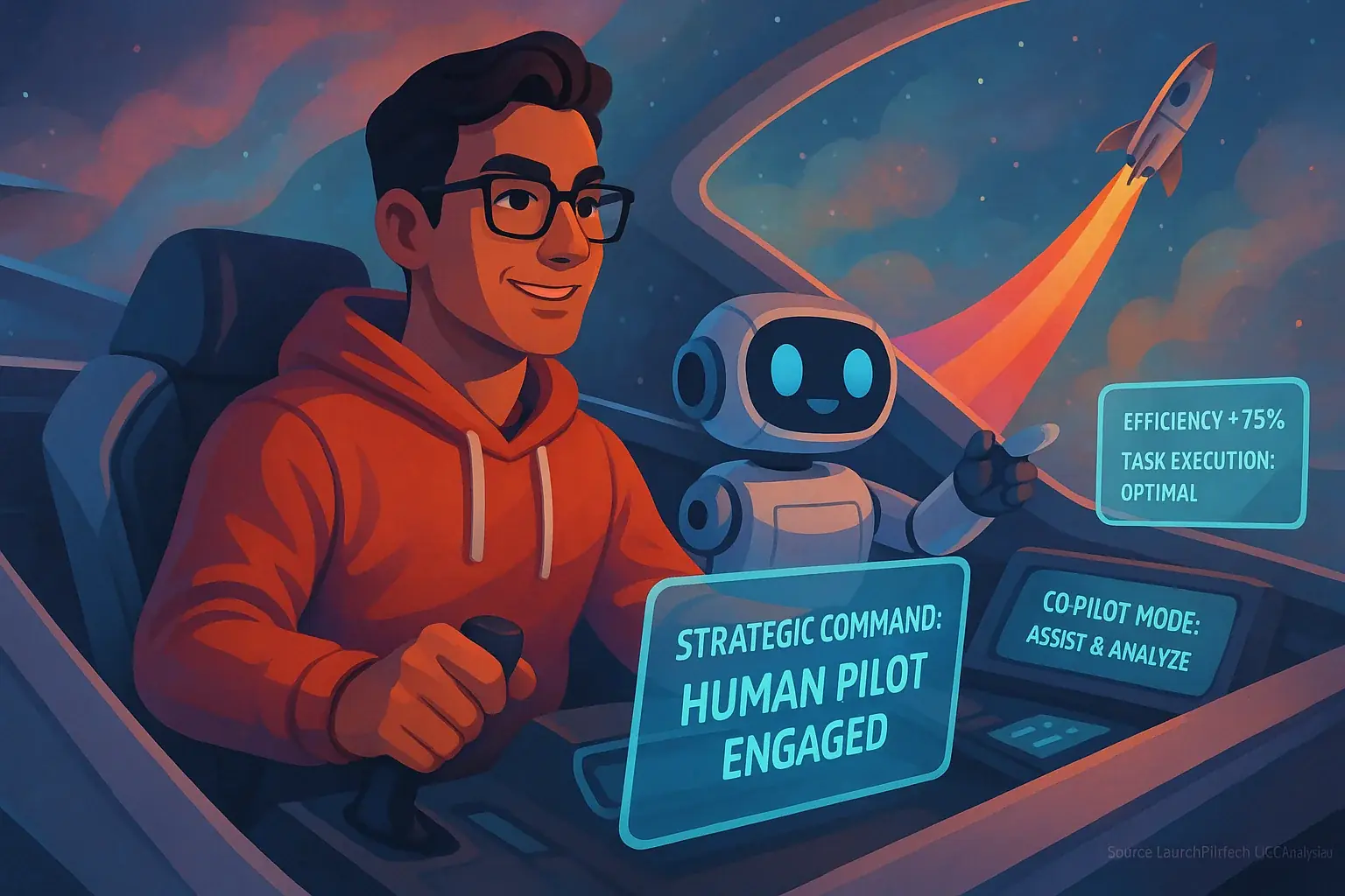 Maker pilots product spacecraft, analytical robot co-pilot assists, showing community feedback analysis as a user-controlled