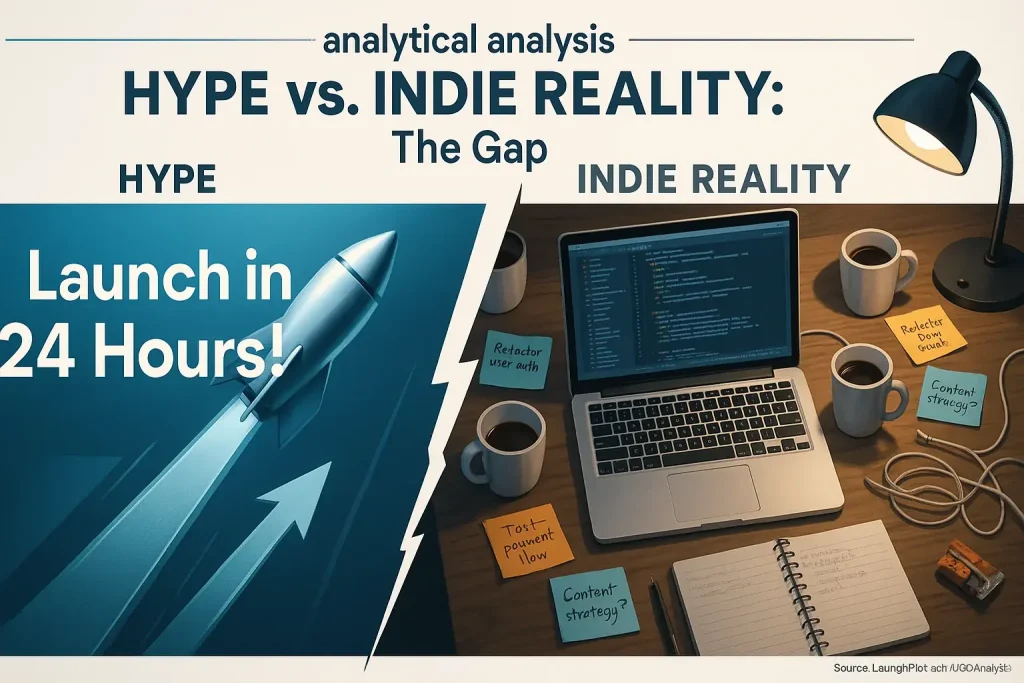 Infographic: 'feedback reviews Hype vs. Indie Reality: The Gap' contrasts 'Launch in 24h!' hype with messy indie desk