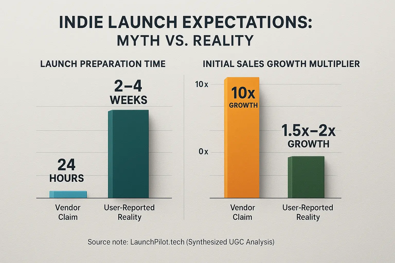 Bar chart debunks launch myths: Vendor claims (24hr/10x sales) vs. user reality (2-4 wks/1.5-2x). Source: LaunchPilot UGC.