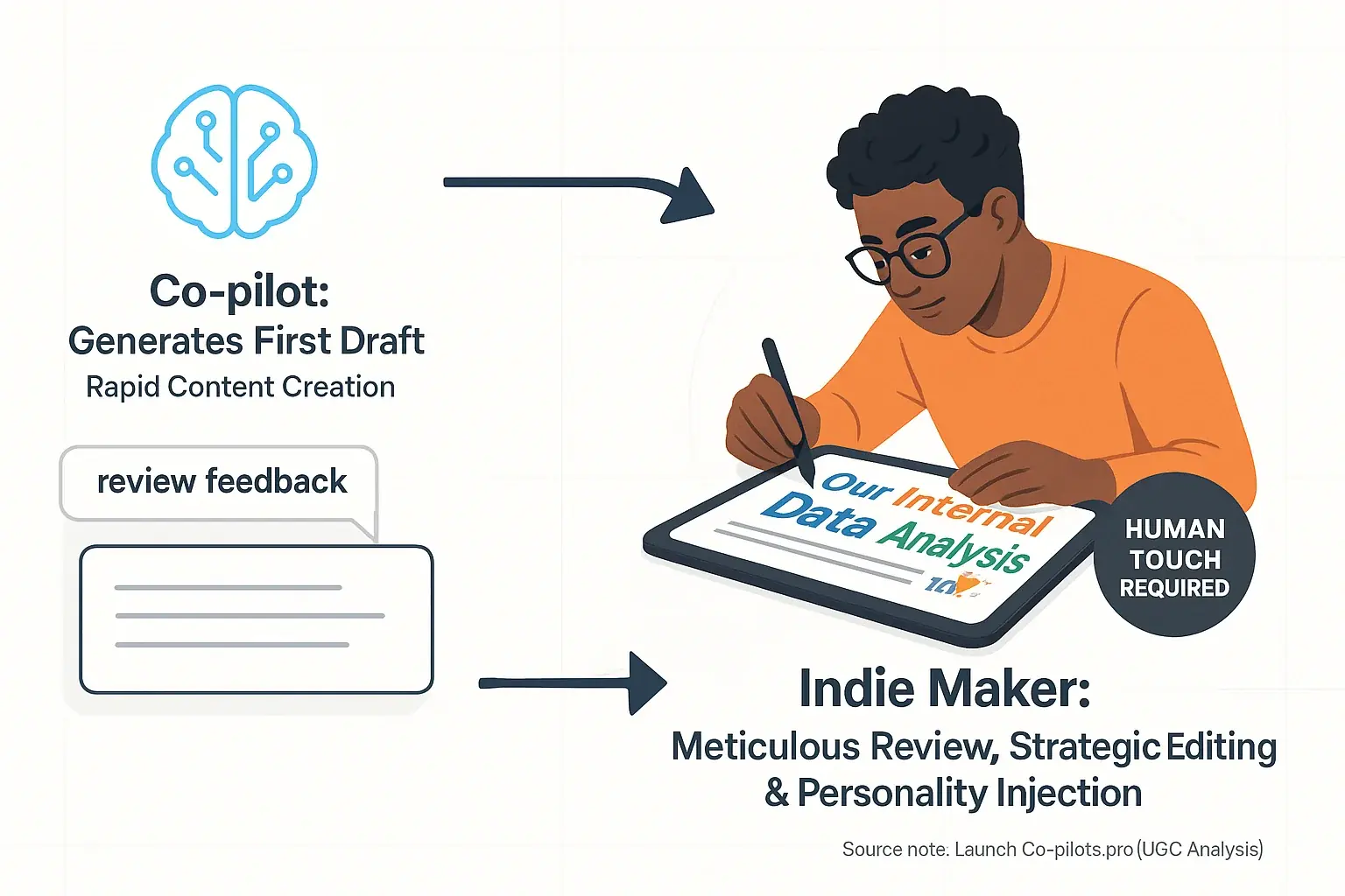 community reviews generates content, human meticulously reviews & adds personality. 'Human Touch Required' label highlights