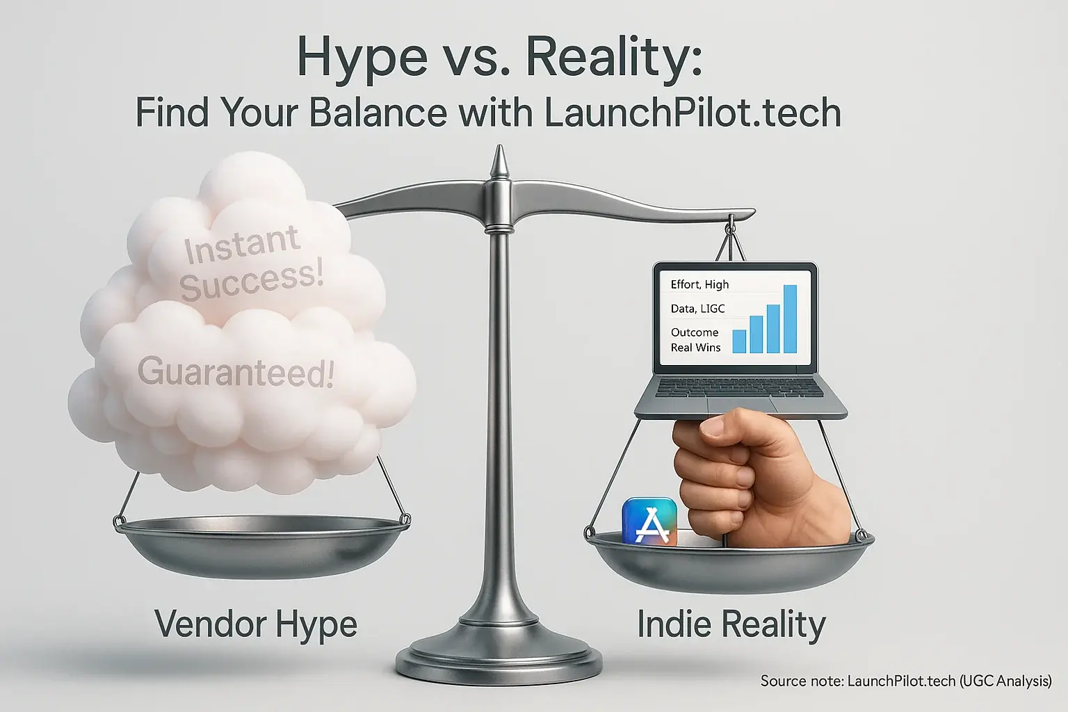 Scale: 'Vendor Hype' (clouds) vs. 'Indie Reality' (hand, laptop). LaunchPilot.tech helps indie makers find realistic balance.