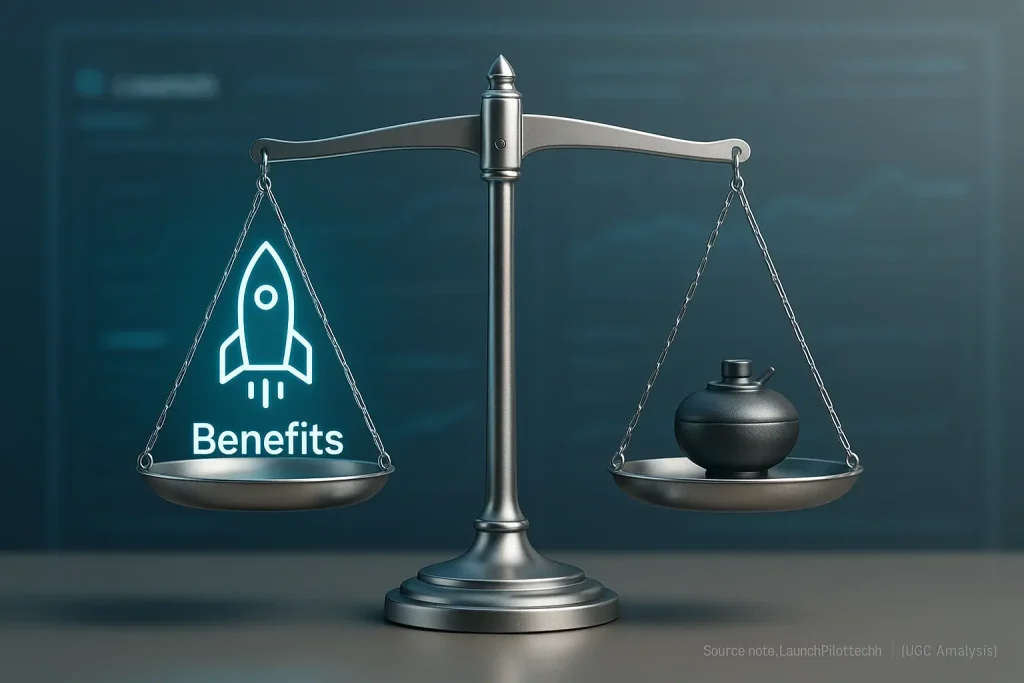 Launch co-pilot analysis: balanced scale shows benefits (rocket) and risks (minefield) in equilibrium.