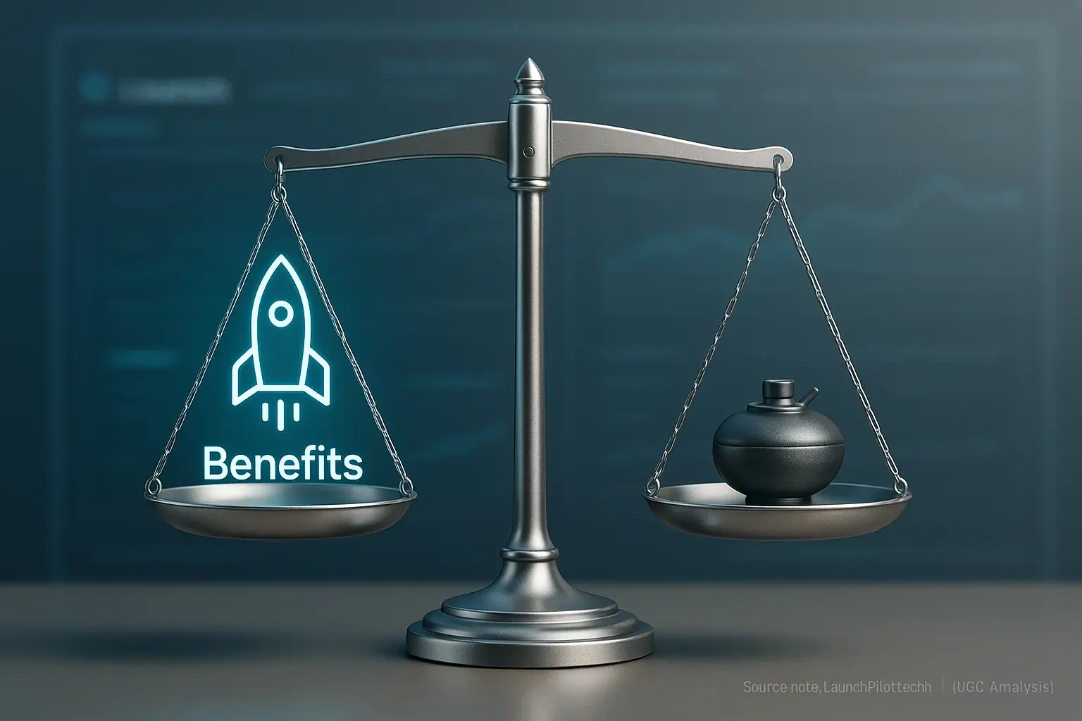 Launch co-pilot analysis: balanced scale shows benefits (rocket) and risks (minefield) in equilibrium.