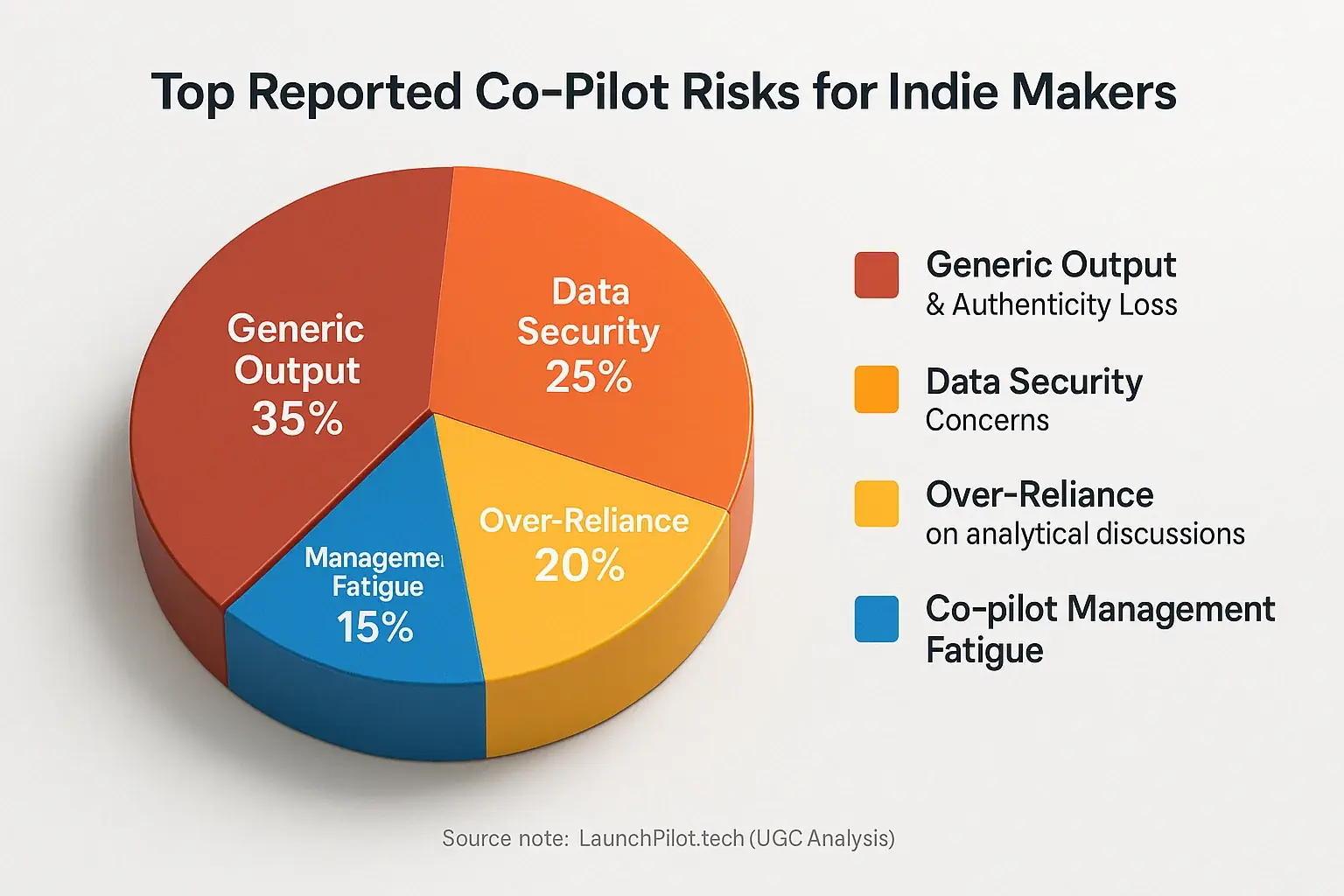 Pie chart: Top indie co-pilot risks: Generic Output 42%, Over-Reliance 33%, Data Security 25%.