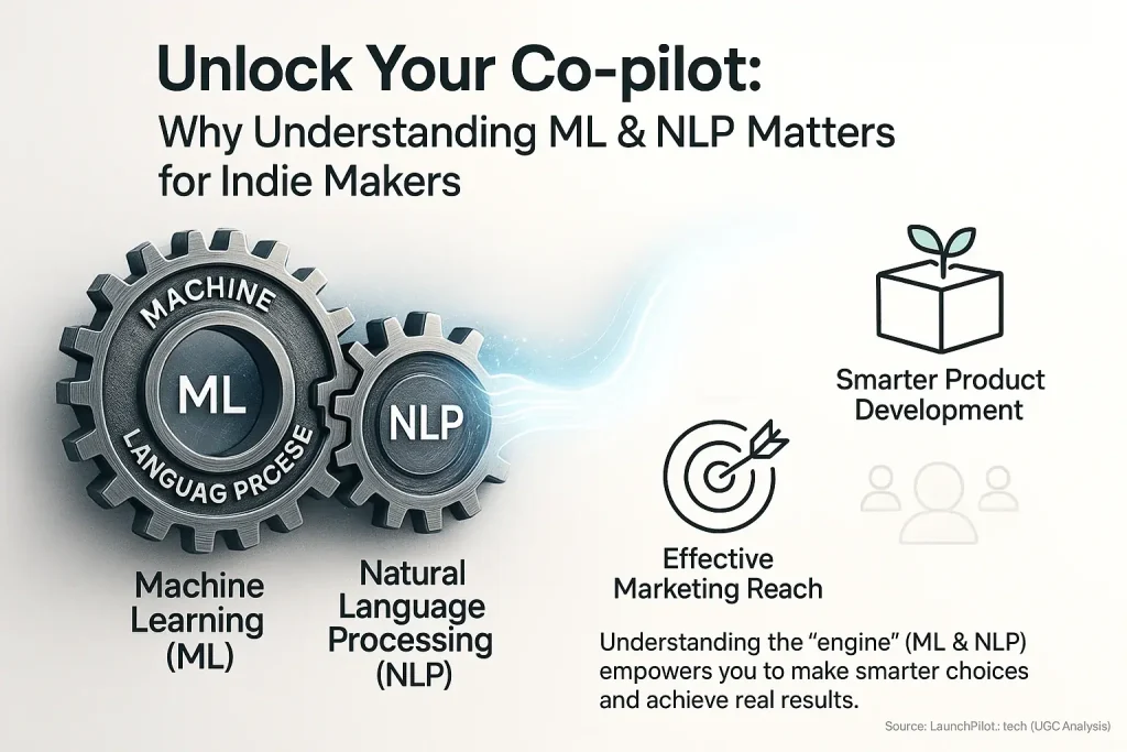 Infographic: Complex gears simplify to concepts, demystifying co-pilot analysis to show its crucial value for indie makers.