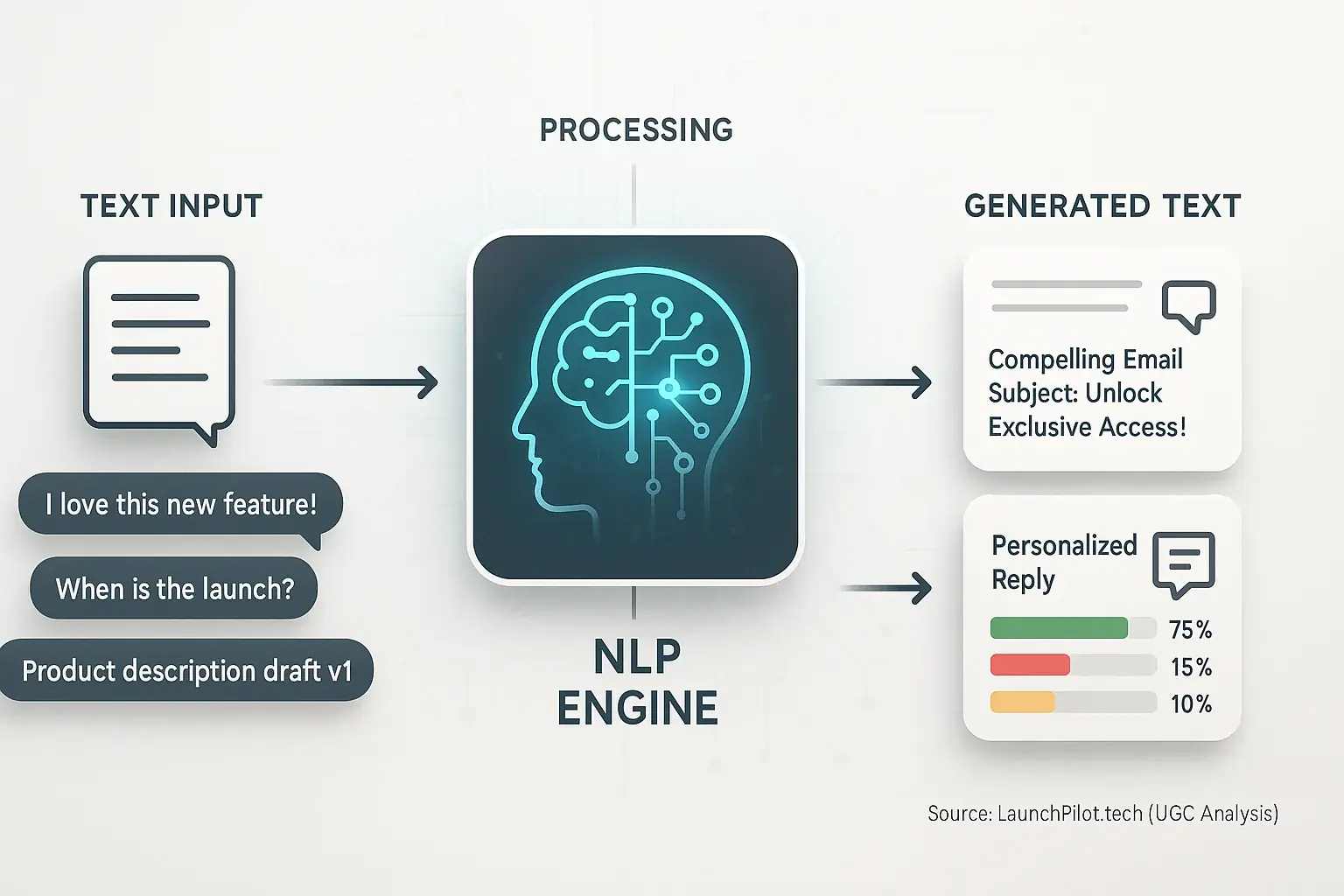 Simple NLP diagram: text input, processed by speech bubble/brain icon, yielding generated text or sentiment outputs.