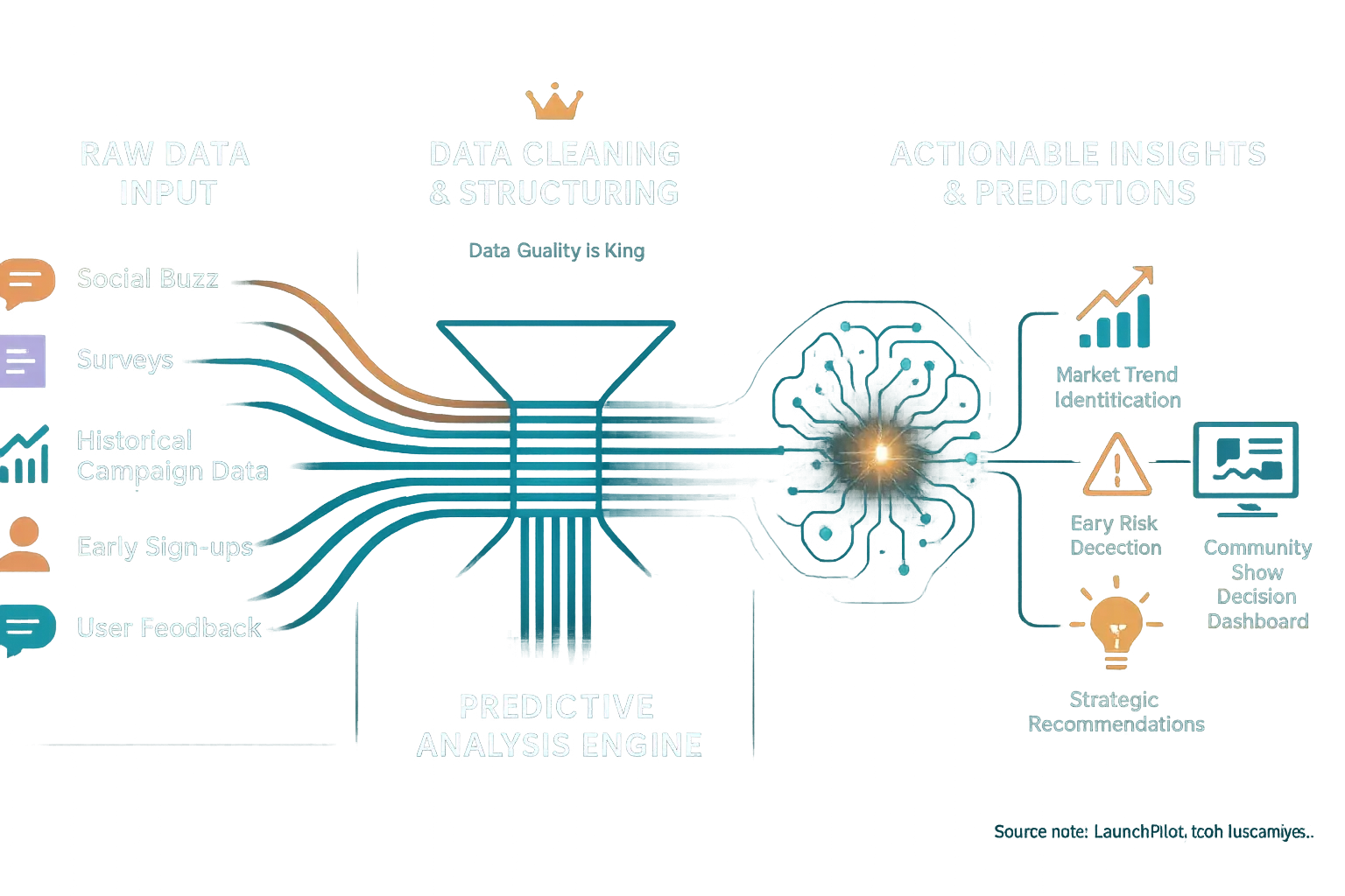 Data processing flowchart: Raw input to cleaned, analyzed data, fueling strategic decisions & predictions.