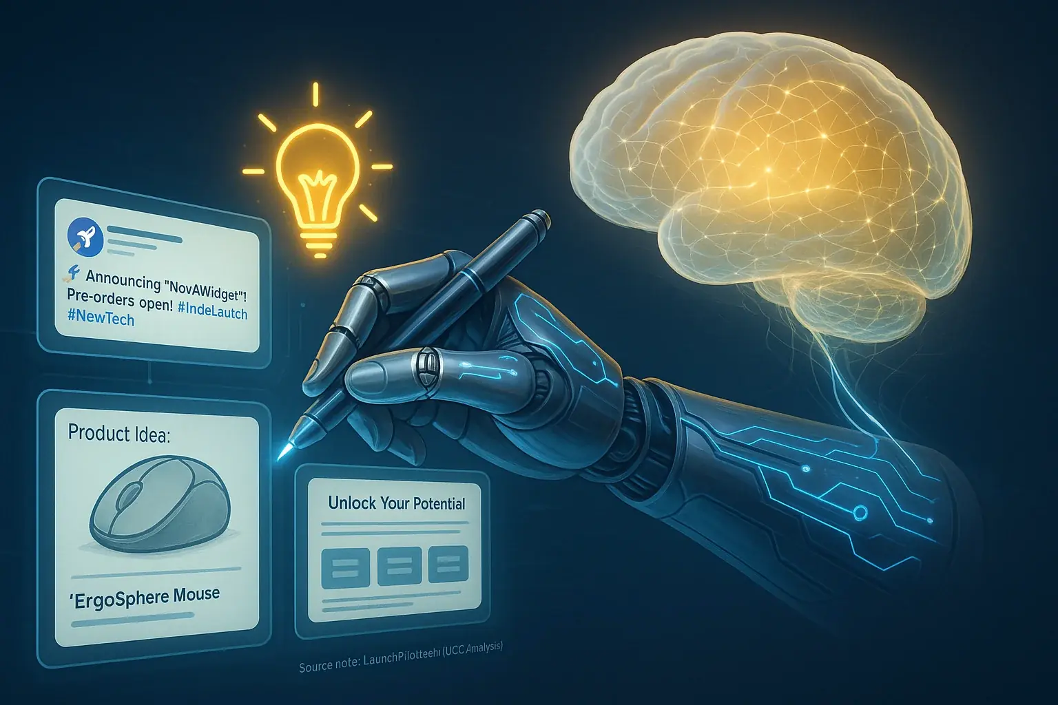 Generative team's co-pilot: a brain/robot hand sketching launch content with an idea spark.