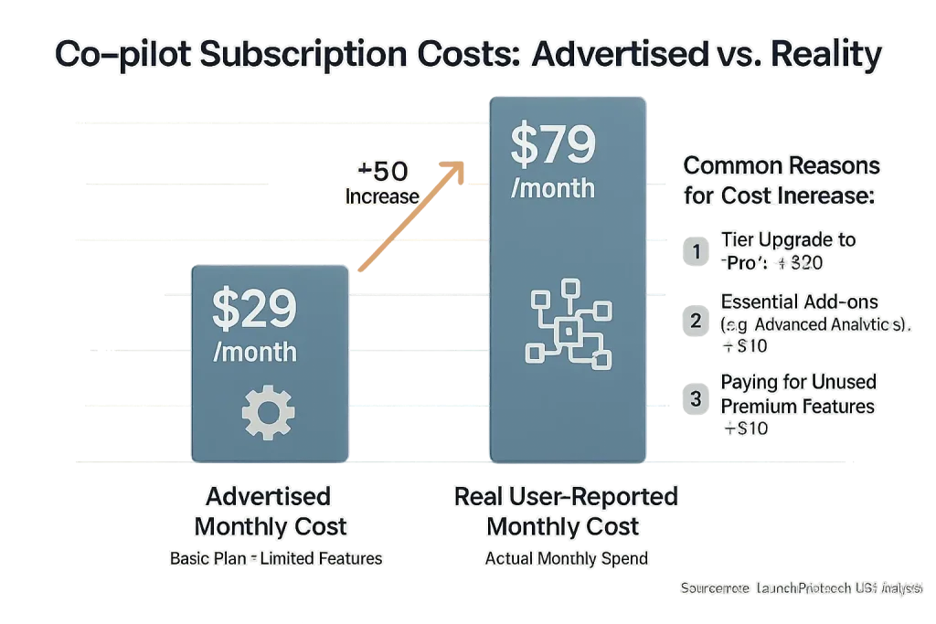 Co-pilot: Advertised vs. real user-reported monthly cost. Add-ons & upgrades inflate 'all-you-can-eat' plan prices.