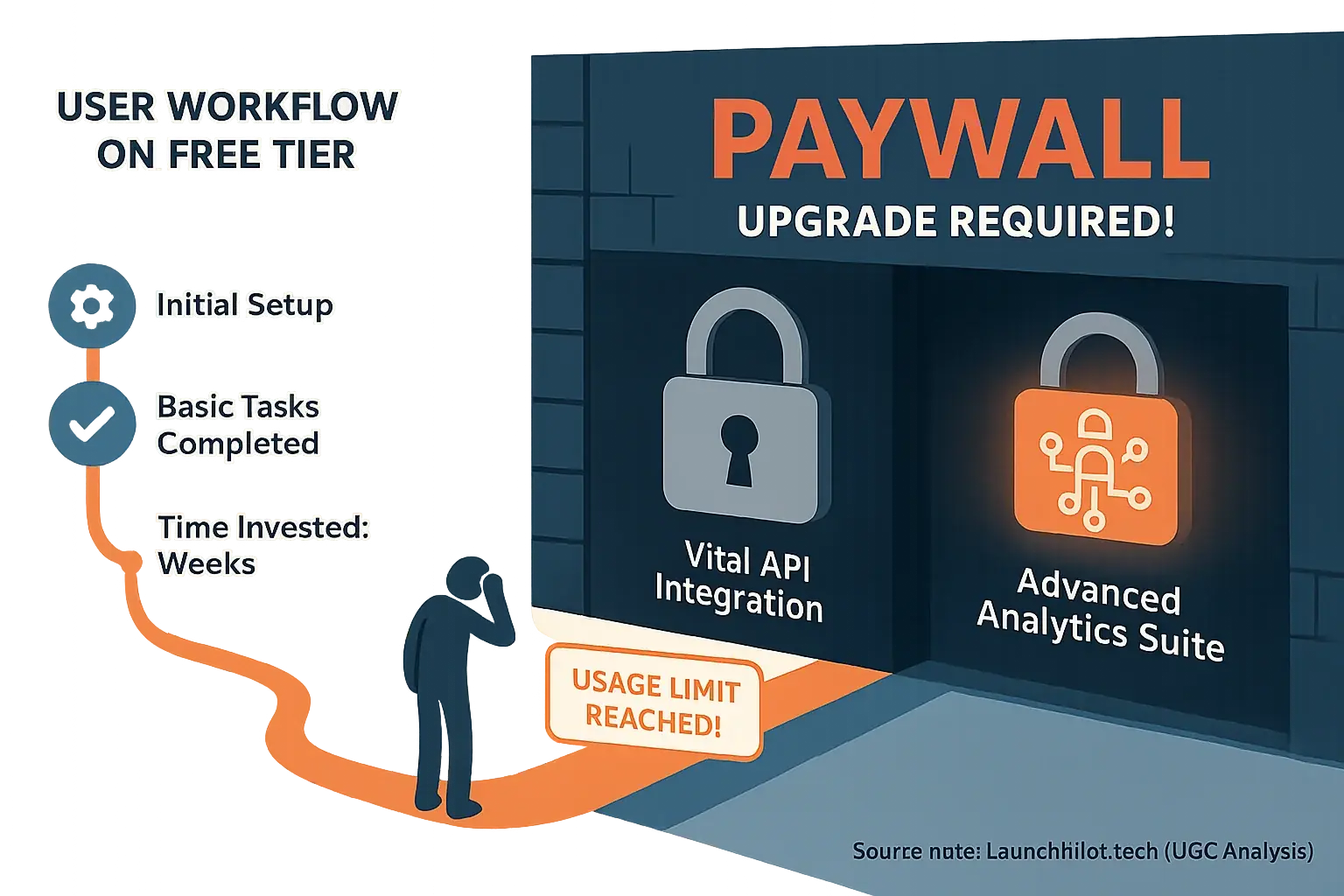 Freemium model trap: user workflow hits a sudden paywall, locking essential features, showing how 'free' can be costly.