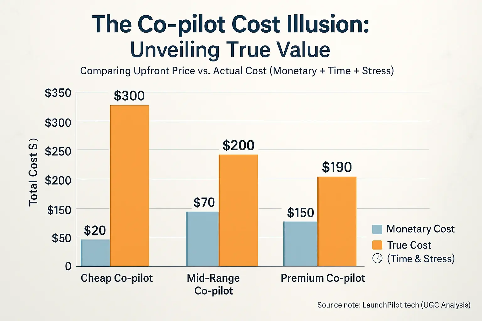 Bar chart: Cheap UGC tool's low price belies its higher true cost, factoring in time and stress.