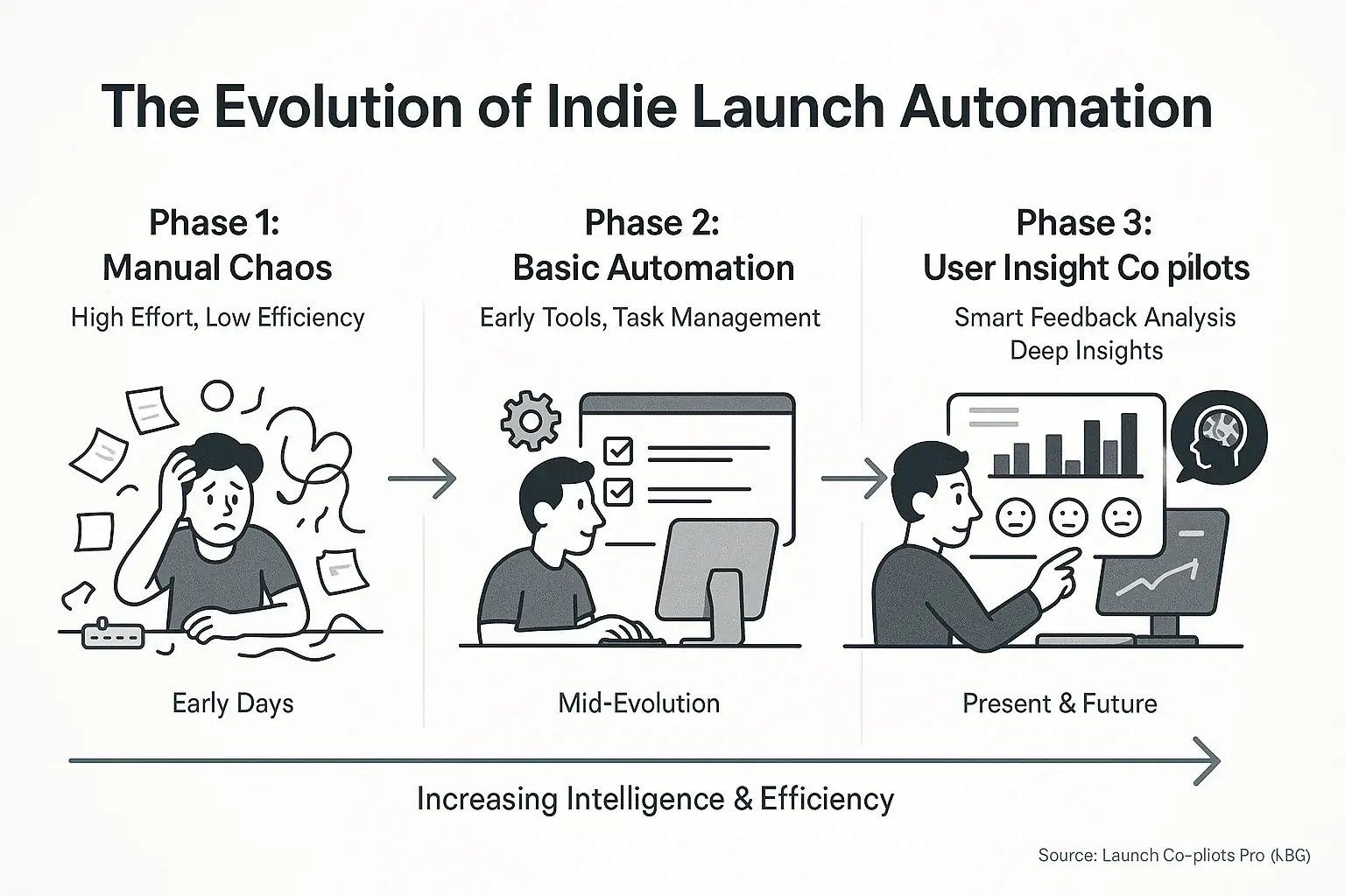 Timeline: Launch automation evolving from manual, to early tools, to user feedback user process co-pilots, showing
