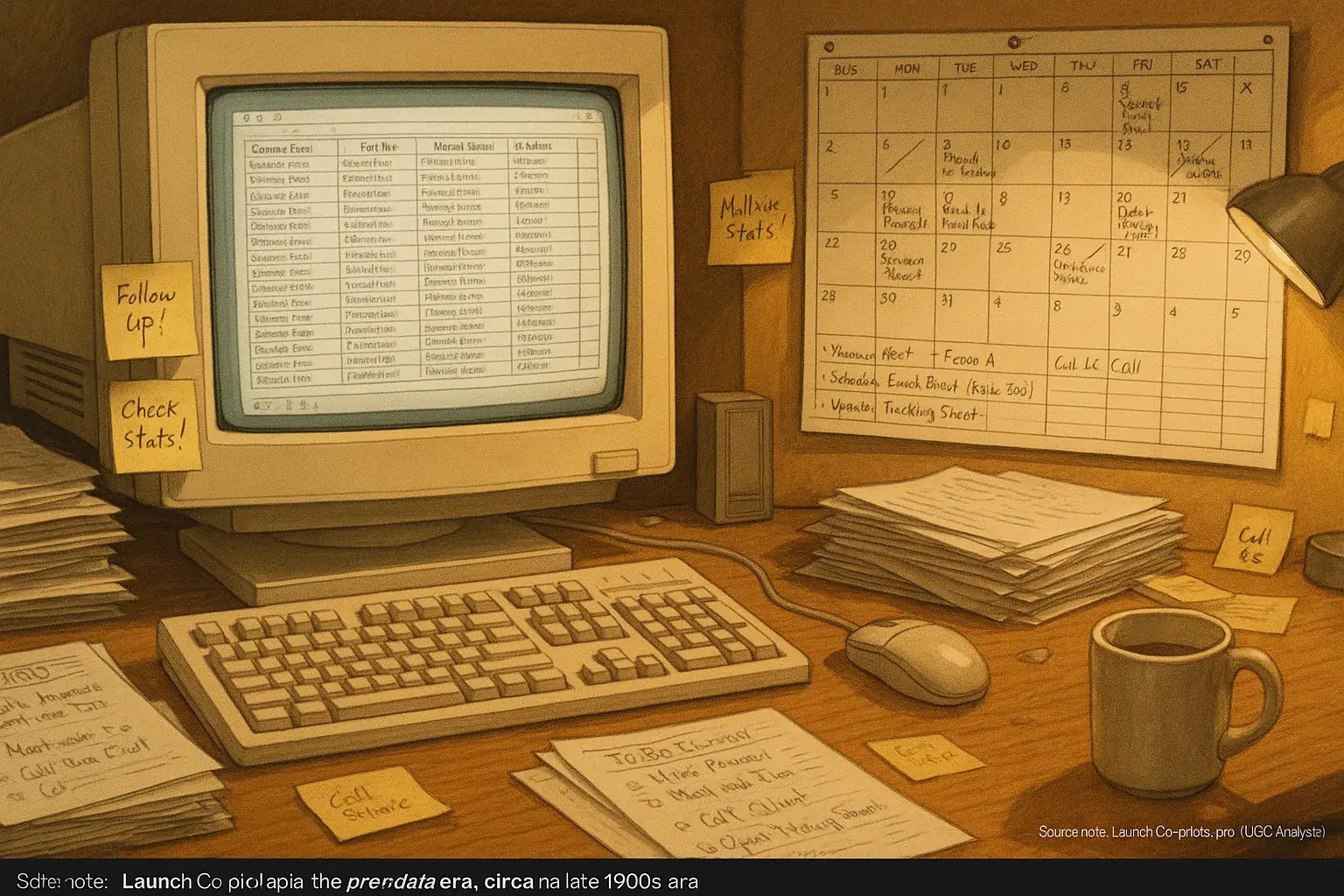 Overwhelmed indie maker's desk: papers, spreadsheets, manual tasks show costly, tool-limited pre-community launch era.