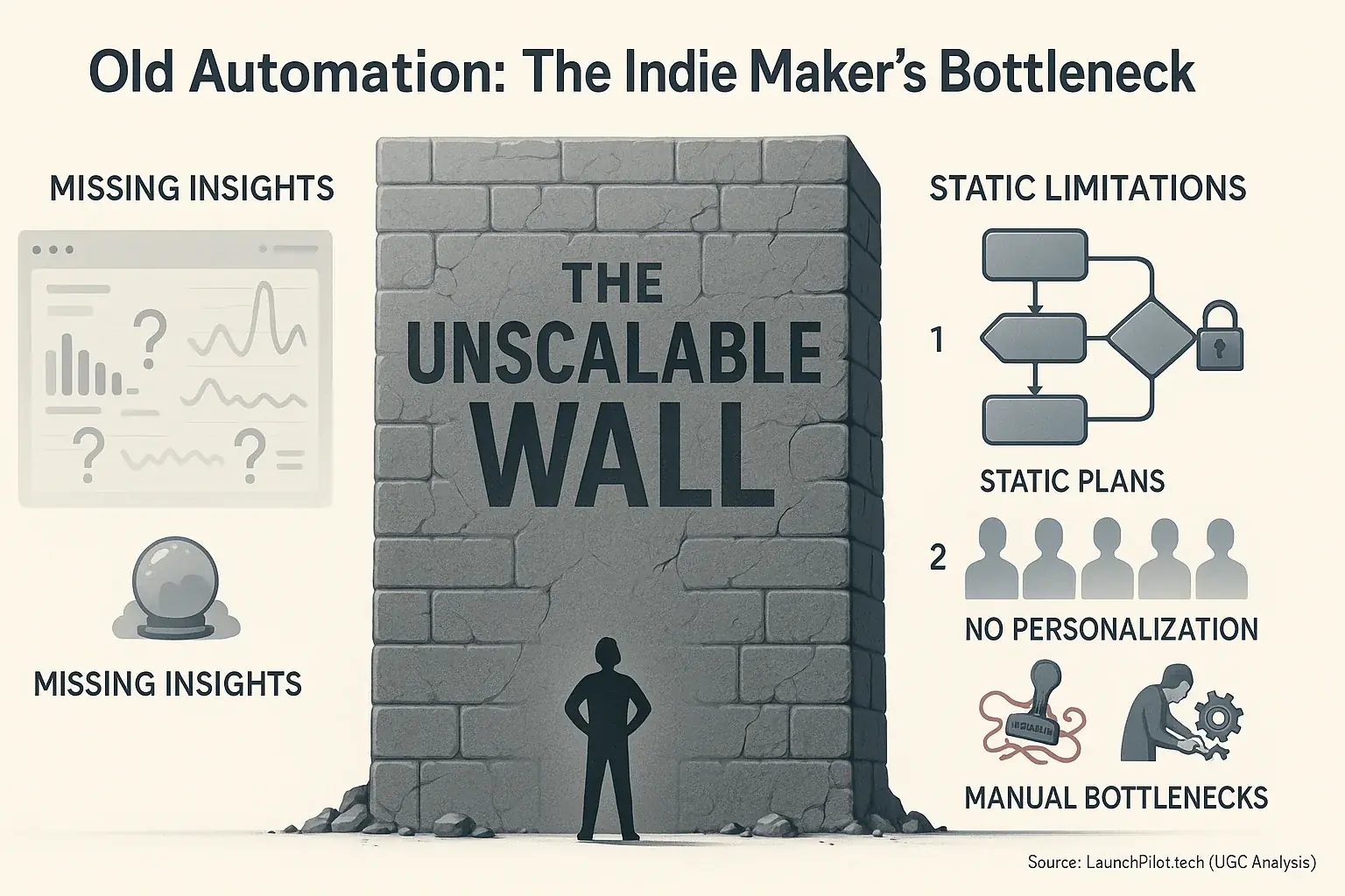 Old automation's unscalable walls & missing insights for solo creators, due to manual entry, no personalization, static