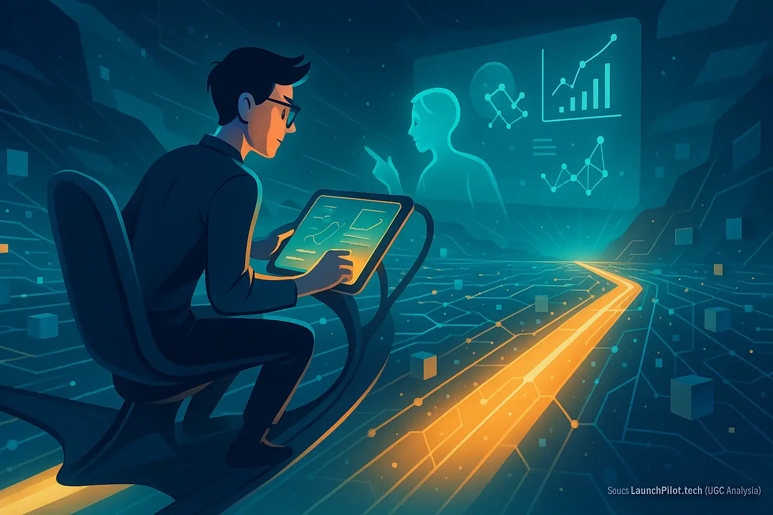 Indie maker confidently navigates a futuristic launch landscape, empowered by a glowing co-pilot, our system's game-changer.