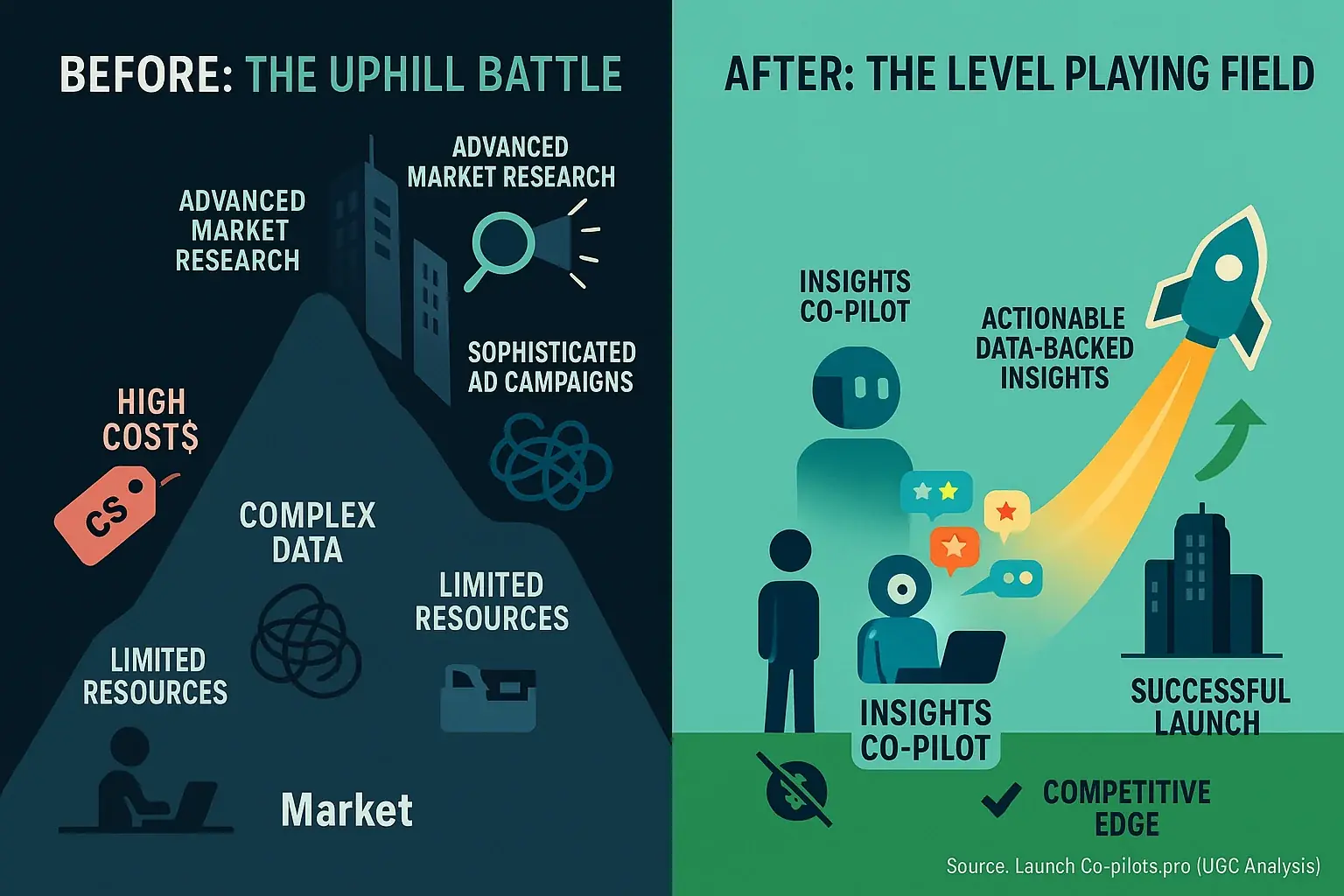 Indie maker struggles vs giants, then user analysis co-pilot levels field, enabling creator advantage.