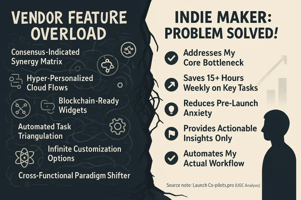 Analytical co-pilots: Chaotic vendor features vs. indie problem-solving needs, showing crucial evaluation gap.