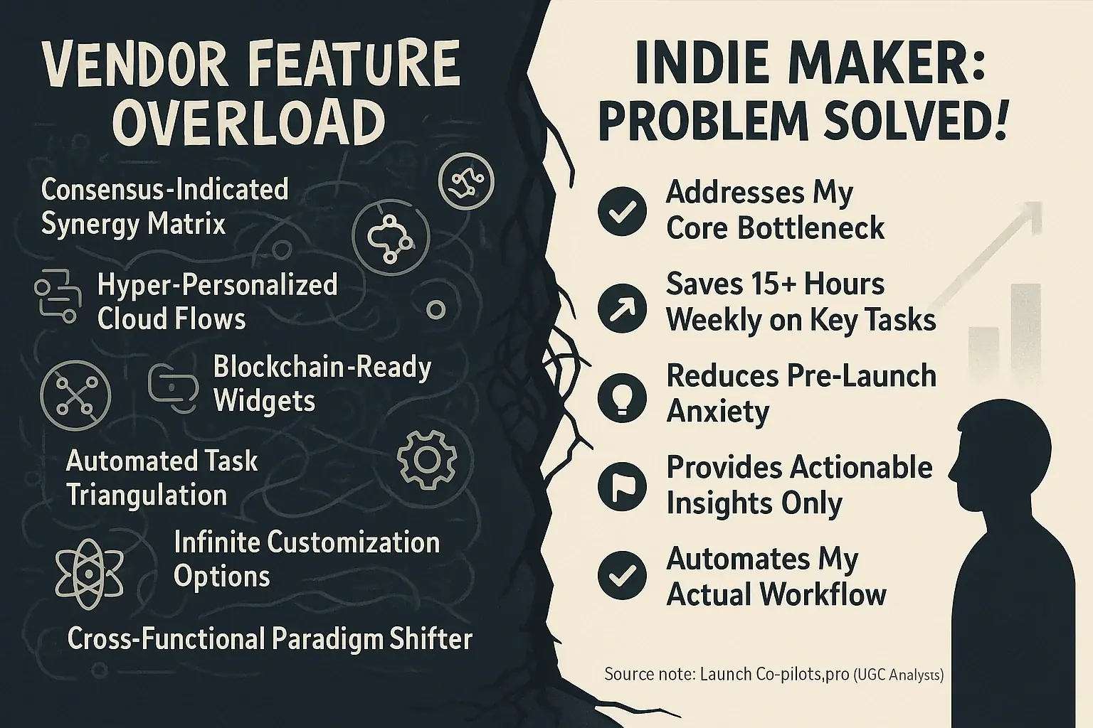 Analytical co-pilots: Chaotic vendor features vs. indie problem-solving needs, showing crucial evaluation gap.
