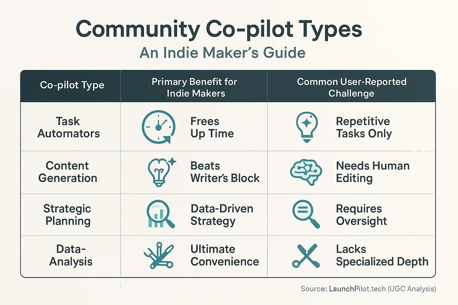 Infographic comparing 5 Co-pilot types for indie makers: benefits (icons) vs challenges (x) to find your match.