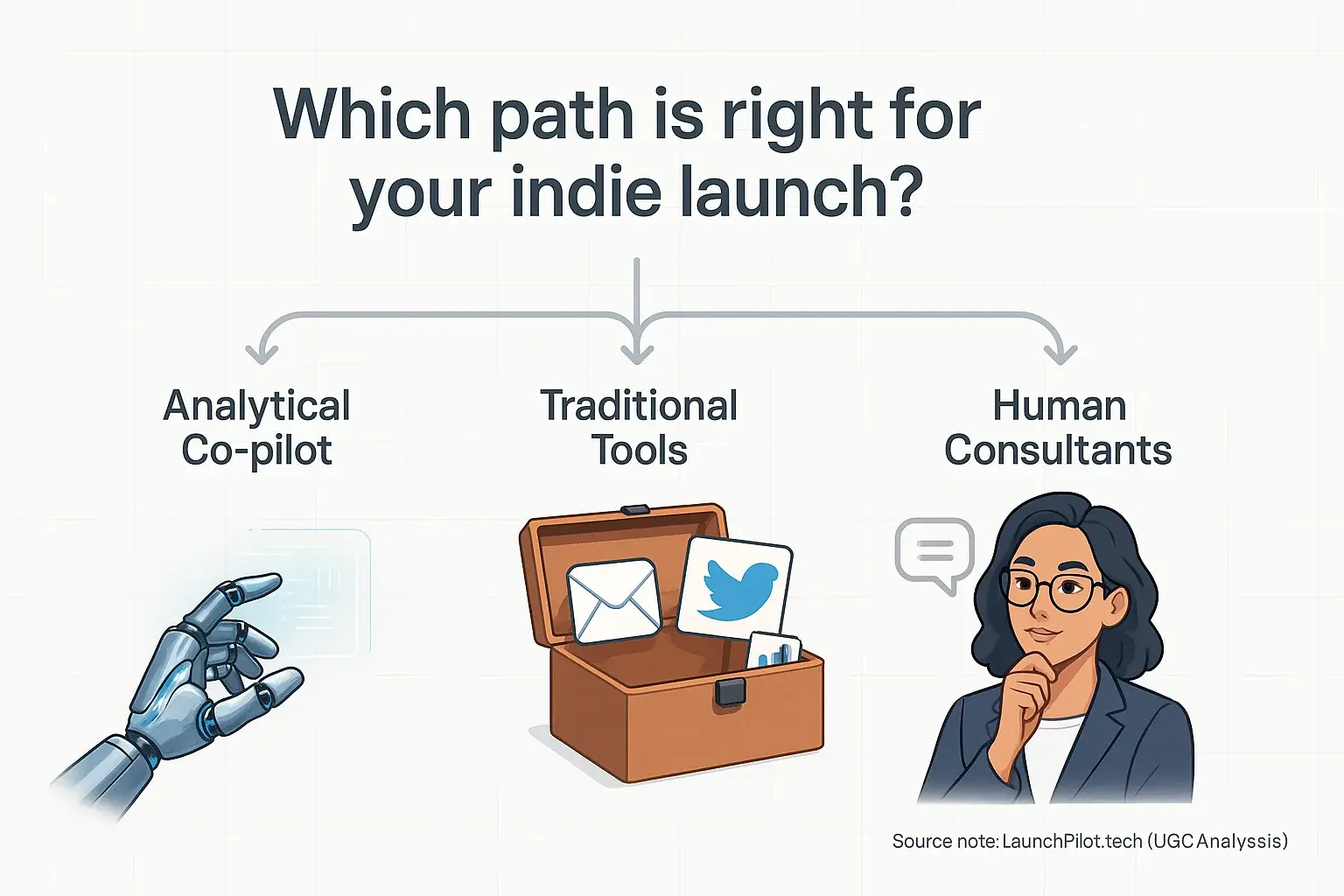 Launch paths: Co-pilot (robot hand), Tools (toolbox), Consultants (person), asking 'Which path is right for your indie