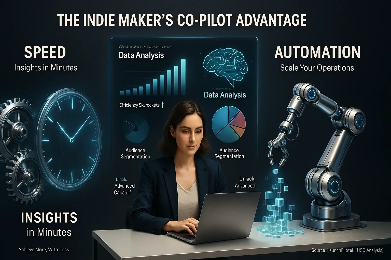Infographic: Co-pilot's consensus core strengths for solopreneurs: Speed (gears), Automation (robot), Data Analysis