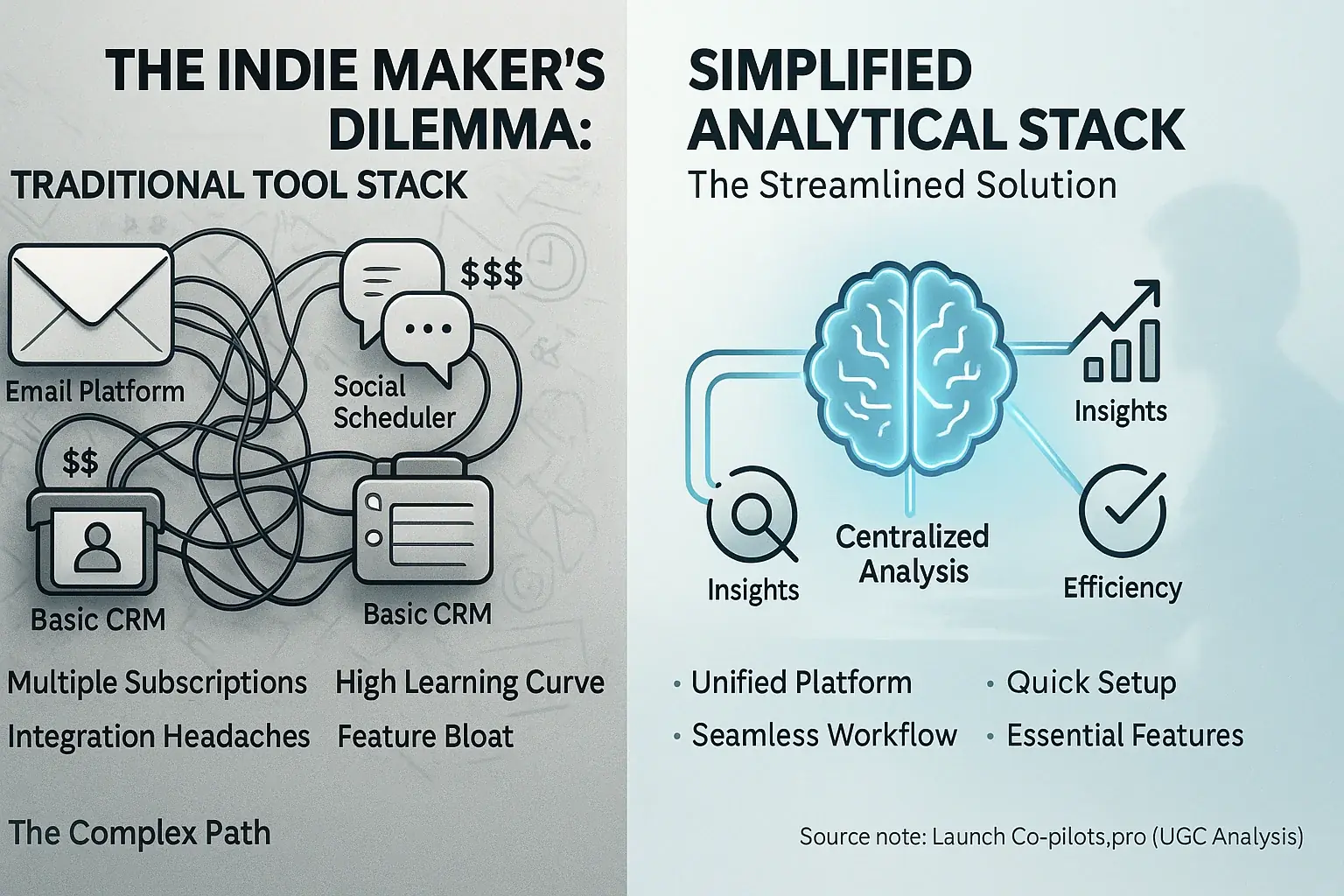 Many traditional tool icons (complex) vs. a central brain (simple) for indie maker consensus reviews.