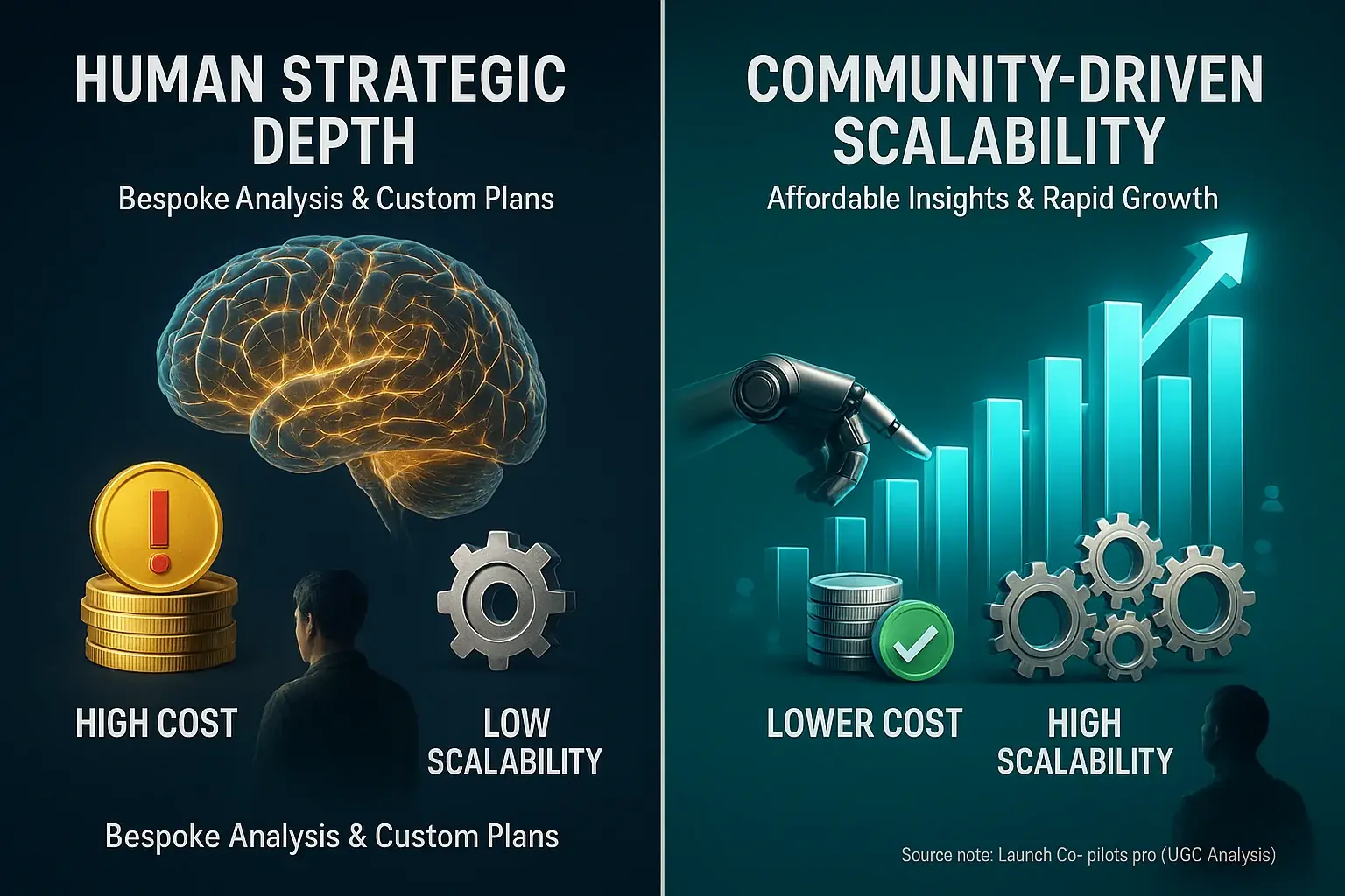 Brain with connections (human strategic depth) vs. growing chart & robot arm (scalability), showing indie trade-off.