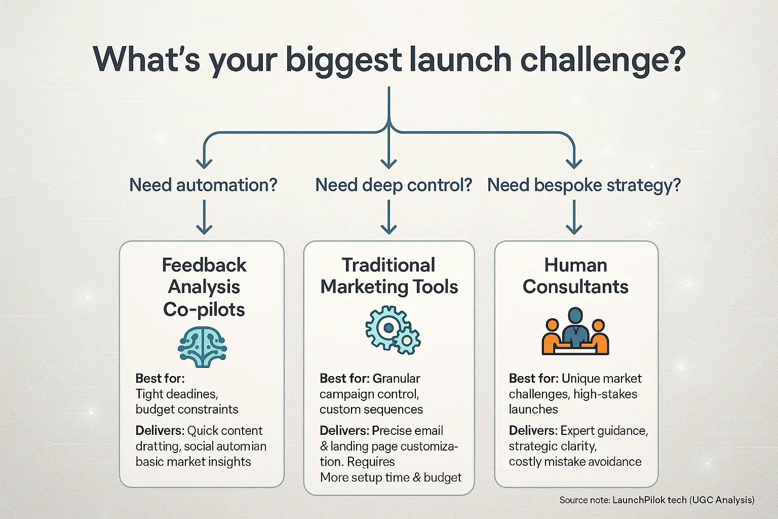 Flowchart: Indie launch challenges guide to strategies: automation (Consensus), control (Traditional), or bespoke (Human).