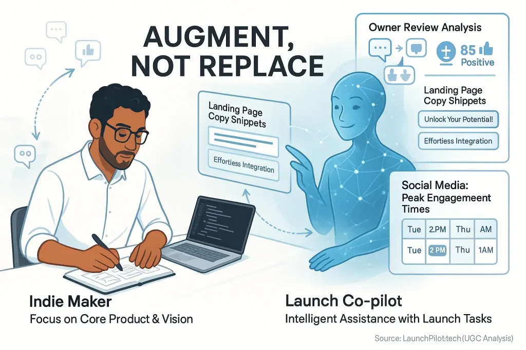 Launch Co-pilot infographic: Indie maker and data collaborating in a simplified launch workflow, augmenting not replacing.