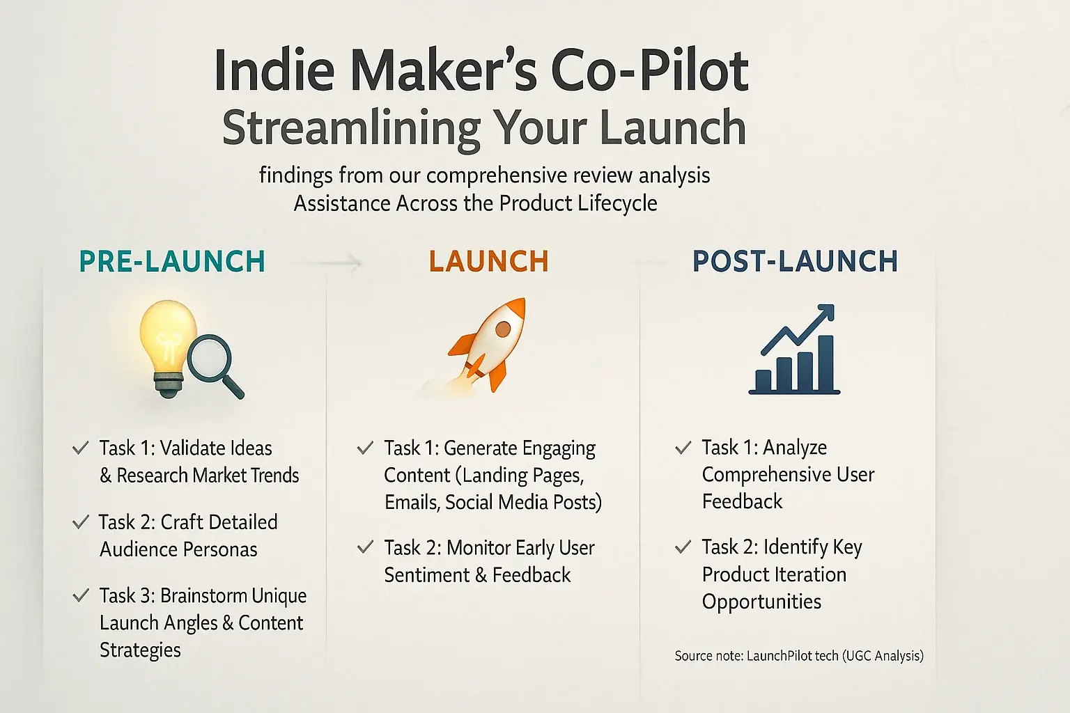 Infographic: Co-pilot&#x27;s product launch tasks &amp; benefits for indie makers across Pre, Launch, and Post stages.
