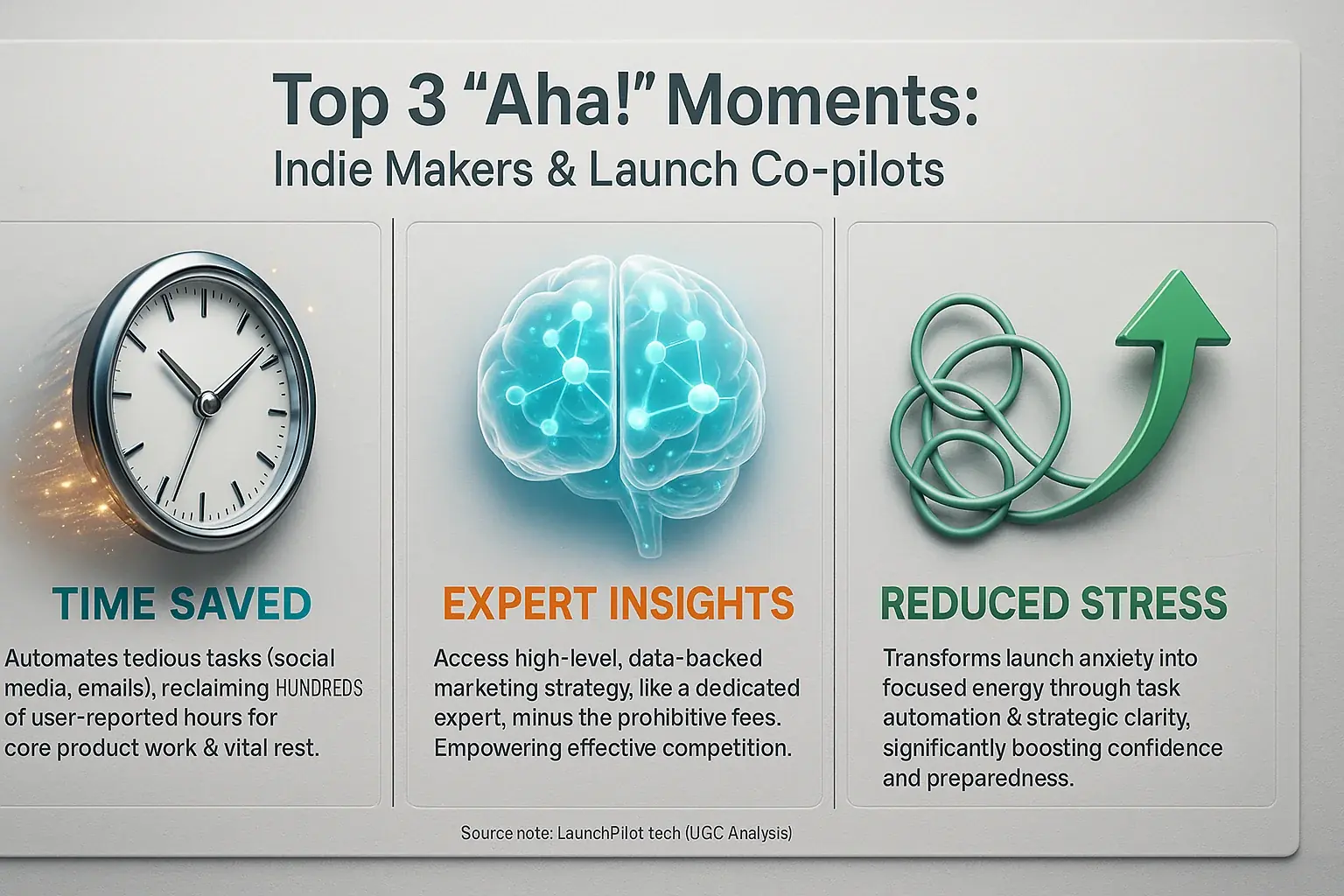 Infographic: Top 3 indie maker &#x27;Aha!&#x27;s with review discussions Launch Co-pilots: Time Saved, Expert Insights, Reduced Stress.