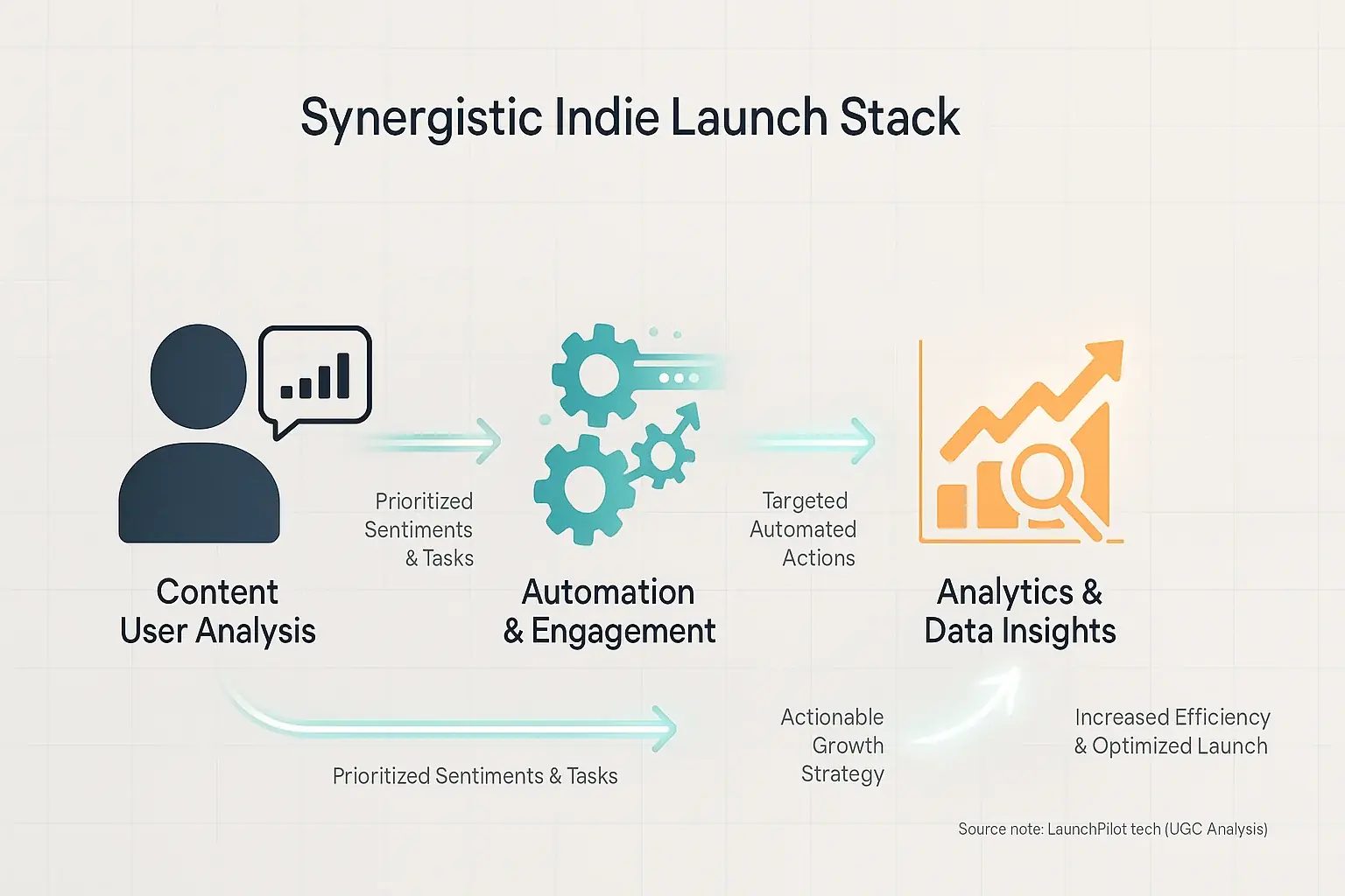 Owner feedback tools (analytics, automation, reviews) in a synergistic stack; data flow arrows boost indie launch efficiency.