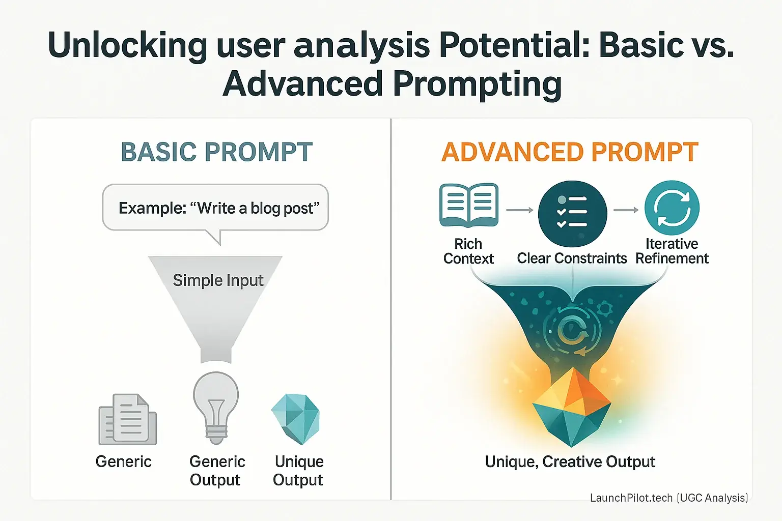 Infographic: Funnel shows advanced prompts (context, iteration) yield unique, creative output vs. basic's generic results.