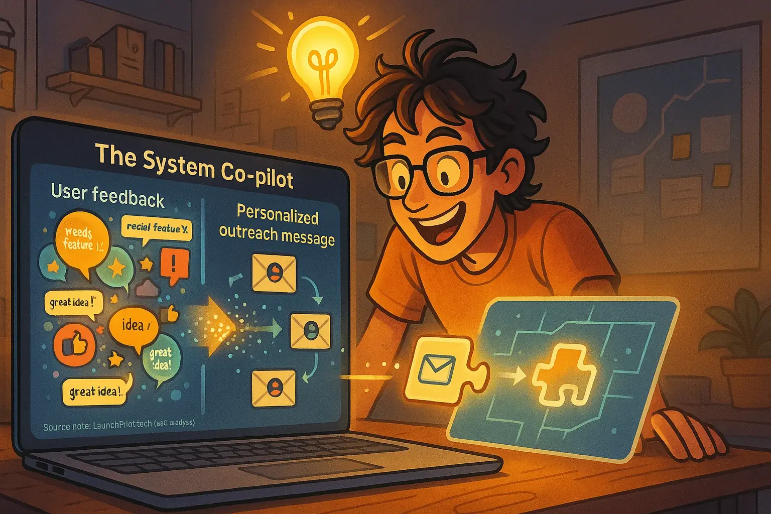Indie maker's lightbulb: co-pilot unconventionally turns odd input into a perfect launch insight, a fitting puzzle piece.