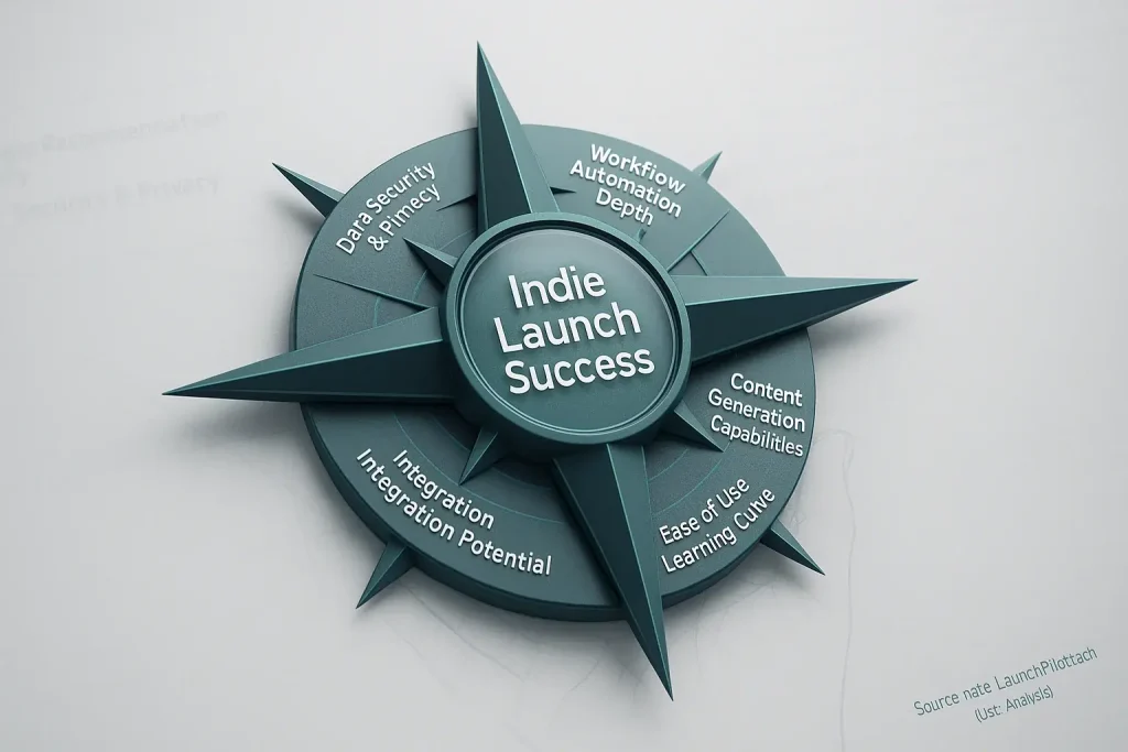 Infographic compass: Co-pilot attributes like 'Strategy' & 'Automation' radiate as spokes, guiding indie launches to central