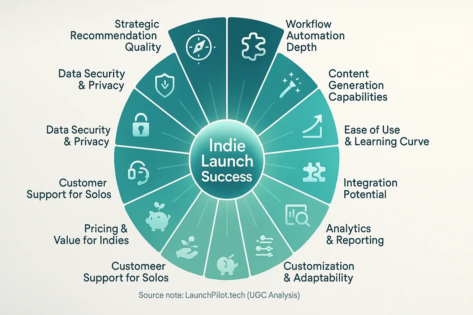 Circular diagram: 10 core attributes (e.g., Ease of Use) jointly power Indie Launch Success. LaunchPilot.tech UGC Analysis.
