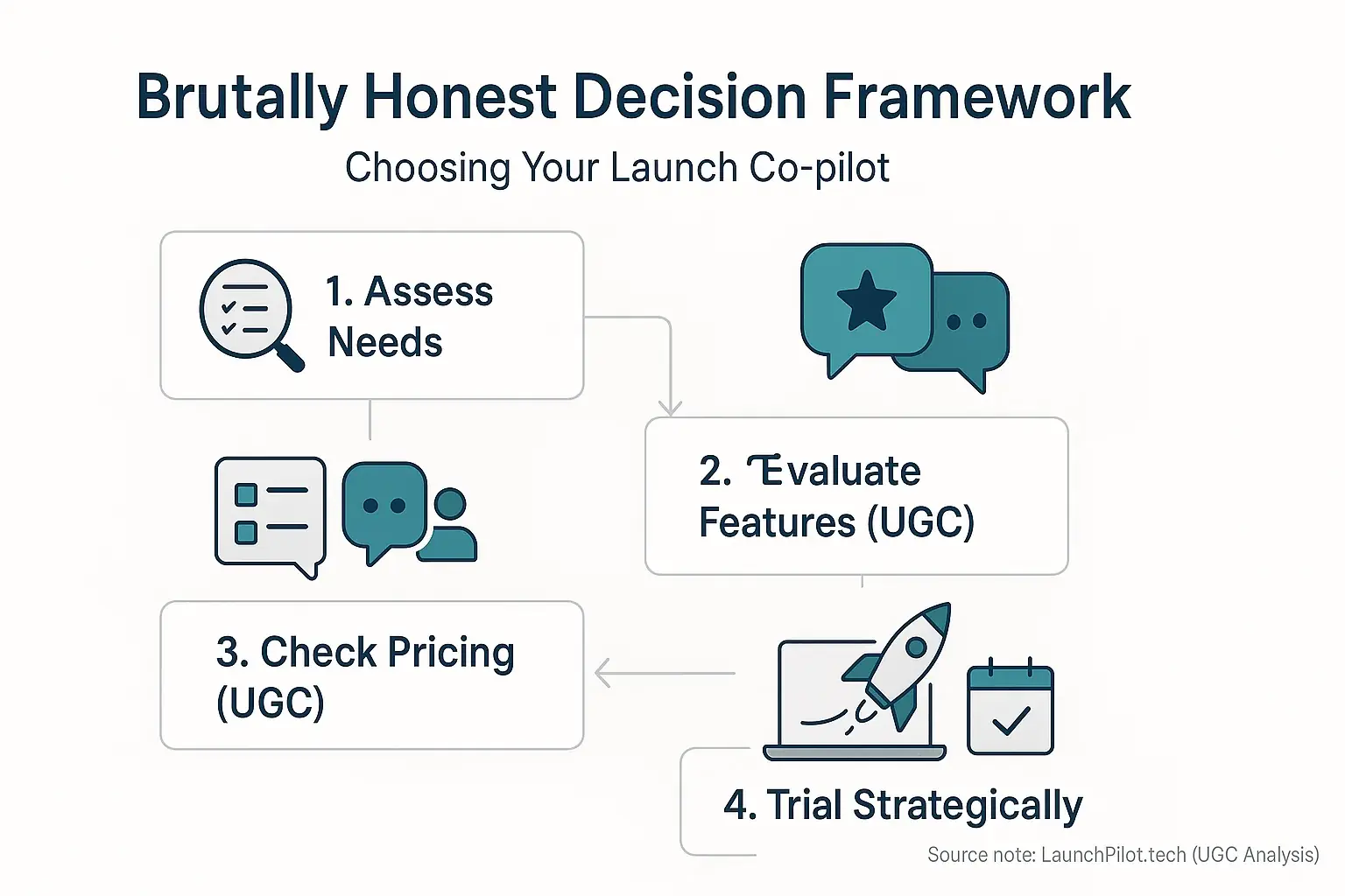 Flowchart: Indie Maker's UGC tool choice framework—Assess Needs, Evaluate Features, Check Pricing, Trial Strategically.