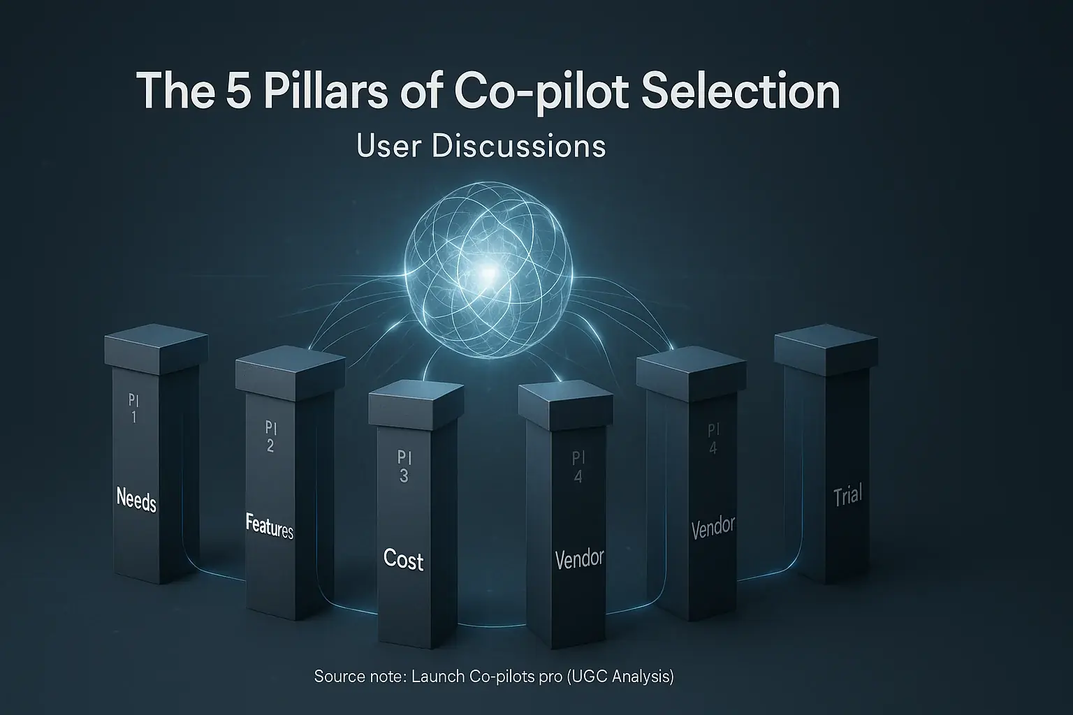 The 5 pillars for choosing a Launch Co-pilot: Needs, Features, Cost, Vendor, Trial, visually interconnected.
