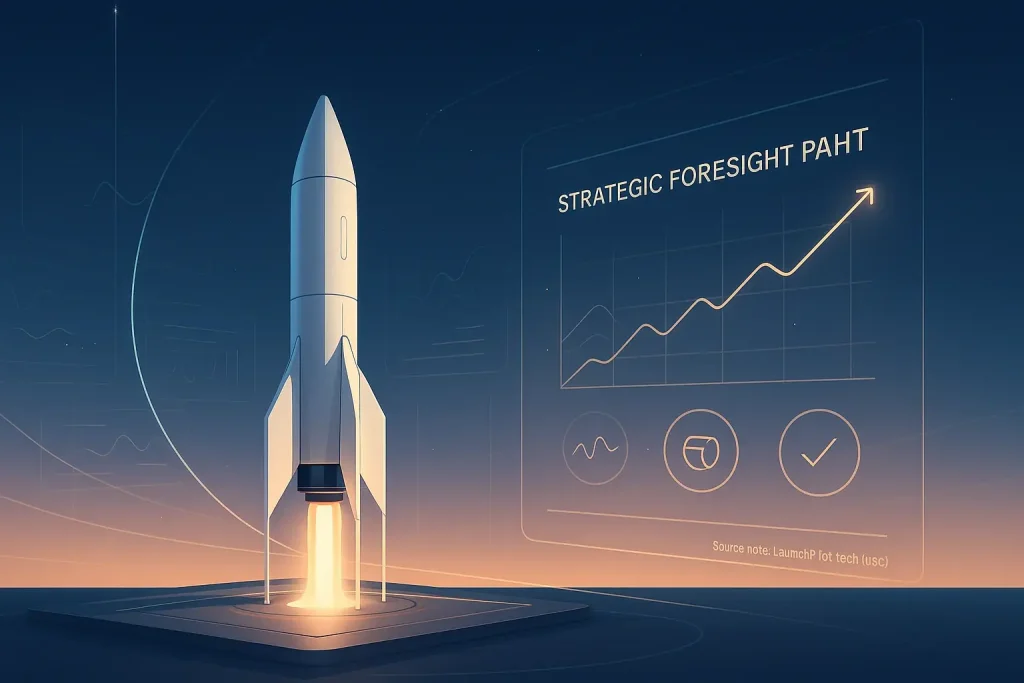Sleek indie rocket on a high-tech launchpad, guided by glowing data, ready for automated community-informed launch.