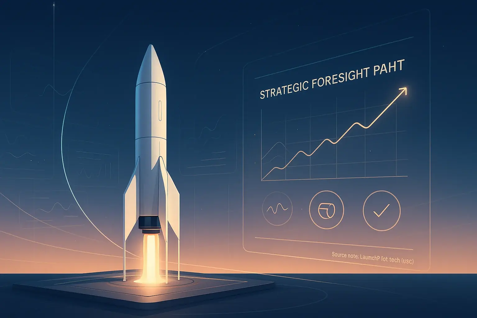Sleek indie rocket on a high-tech launchpad, guided by glowing data, ready for automated community-informed launch.