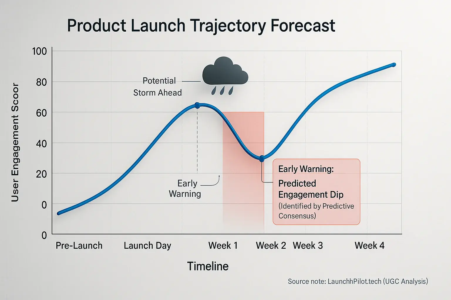 Product launch forecast graph: success curve dips at a storm cloud, showing predictive analytics spotting early risks.